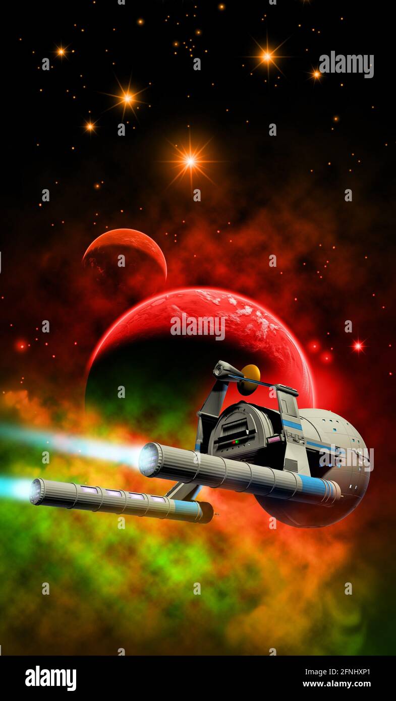 Raumschiff in der Nähe eines fremden Planeten mit Mond und Nebel, 3d-Illustration Stockfoto