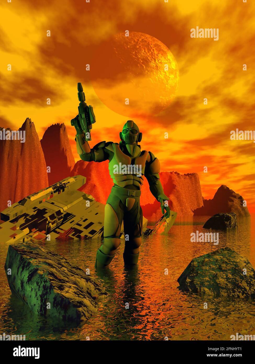 Ein Pilot ist mit seinem Raumschiff auf einem unbekannten Schiff Schiffbruch erlitten Planet Stockfoto Ein Pilot ist mit seinem Raumschiff auf einem unbekannten Schiff Schiffbruch erlitten Planet Stockfoto