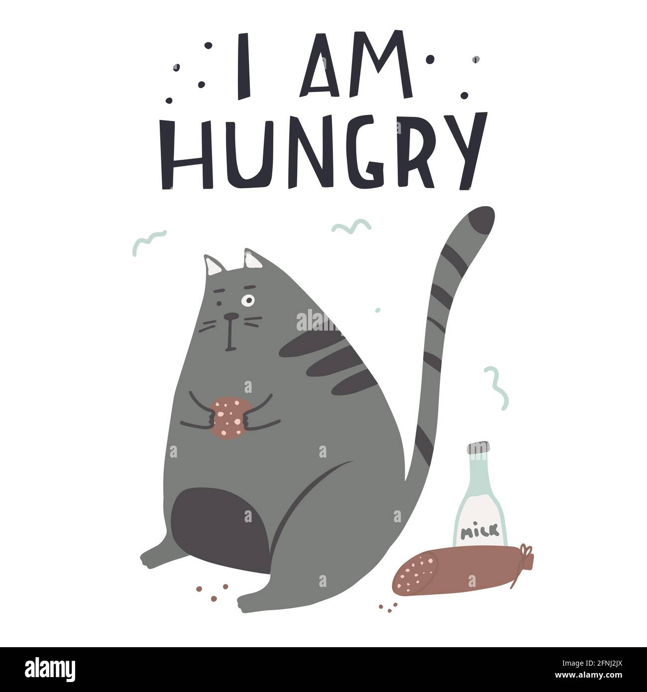 Schuldig Katze Farbe flach Hand gezeichnet Vektor-Charakter. Zitat Ich bin hungrig, handgeschriebene Briefe. Niedliche freche Katze essen Wurst Cliparts. Stock Vektor