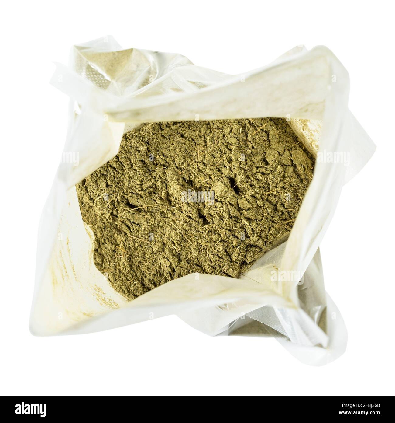Draufsicht auf offene Plastiktüte mit Stevia-Pulver rebaudiana Kraut (natürlicher Zuckerersatz) Ausschnitt auf weißem Hintergrund Stockfoto
