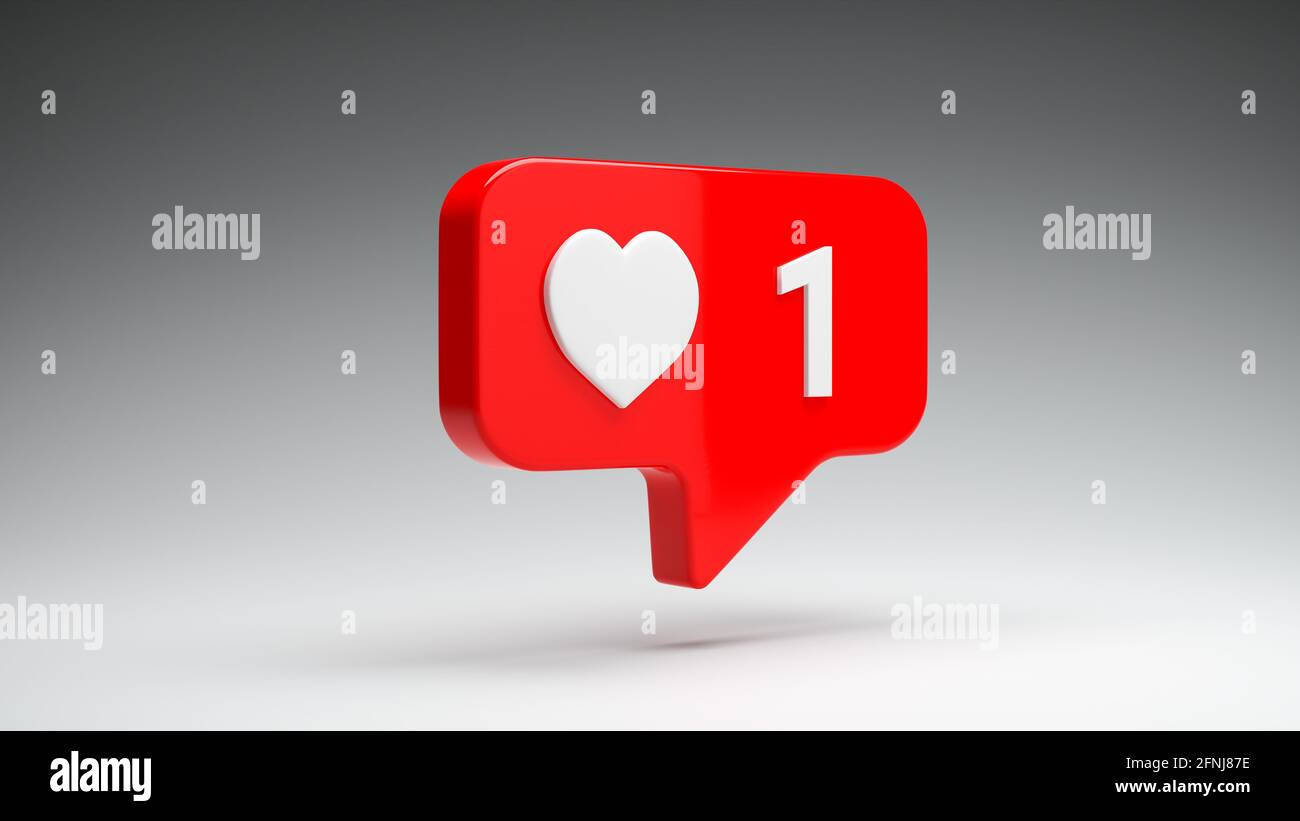 Rote Social-Media-ähnliche Counter-Taste, die ein weißes Herz und die Zahl 1 vor einem nahtlos grauen Hintergrund zeigt. Social Media Konzept - Jagd nach lik Stockfoto
