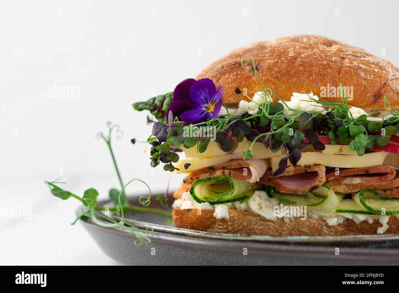 Brötchen mit Wurst, Käse und Gurken, Microgreens und Mozzarella und Radieschen, köstlicher herzhafter Burger aus nächster Nähe auf einem zu Hause gekochten Teller Stockfoto