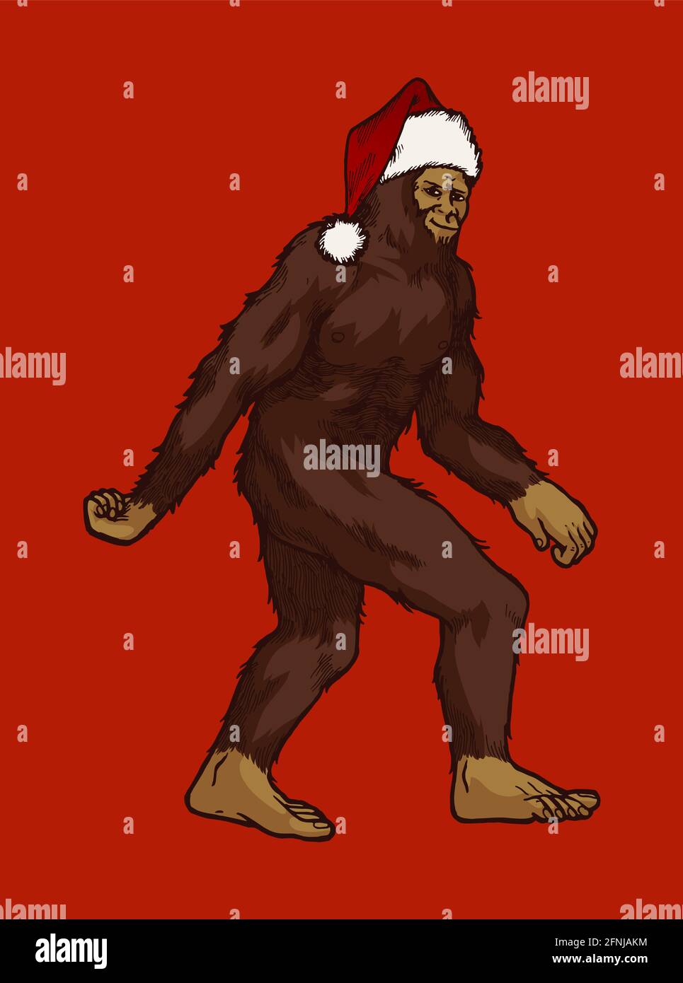 Schneemann im Weihnachtsmannhut - Weihnachten bigfoot Illustration - Santa sasquatch Stock Vektor