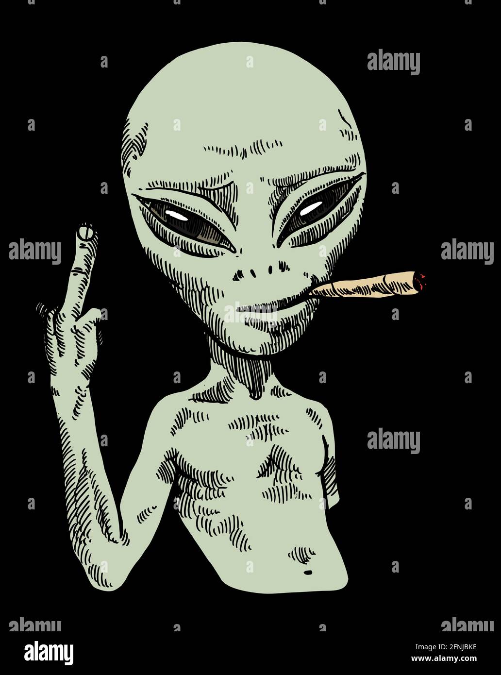 Alien Charakter Rauchen und zeigt einen Finger halb lächeln. Isolierter UFO-Charakter mit komplizierten Emotionen im Gesicht. Stock Vektor