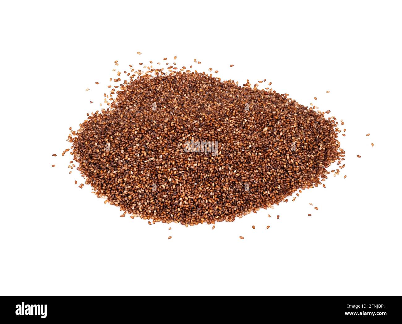 Haufen von Vollkorn-Teff-Samen in Nahaufnahme auf weißem Hintergrund Stockfoto