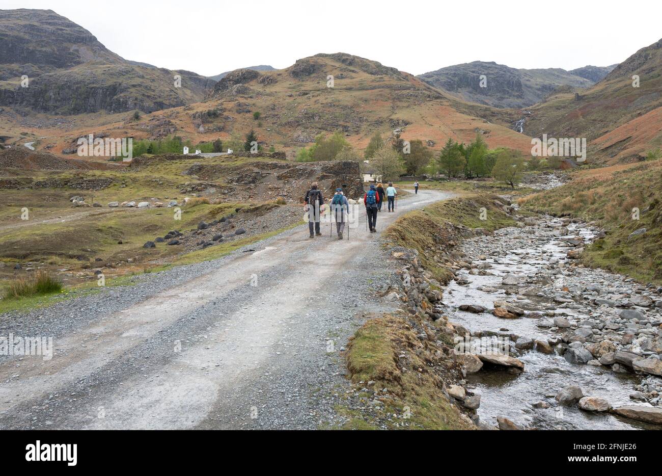 Spaziergänger, die im Coppermines Valley, Lake District, Cumbria, England, spazieren gehen. Stockfoto