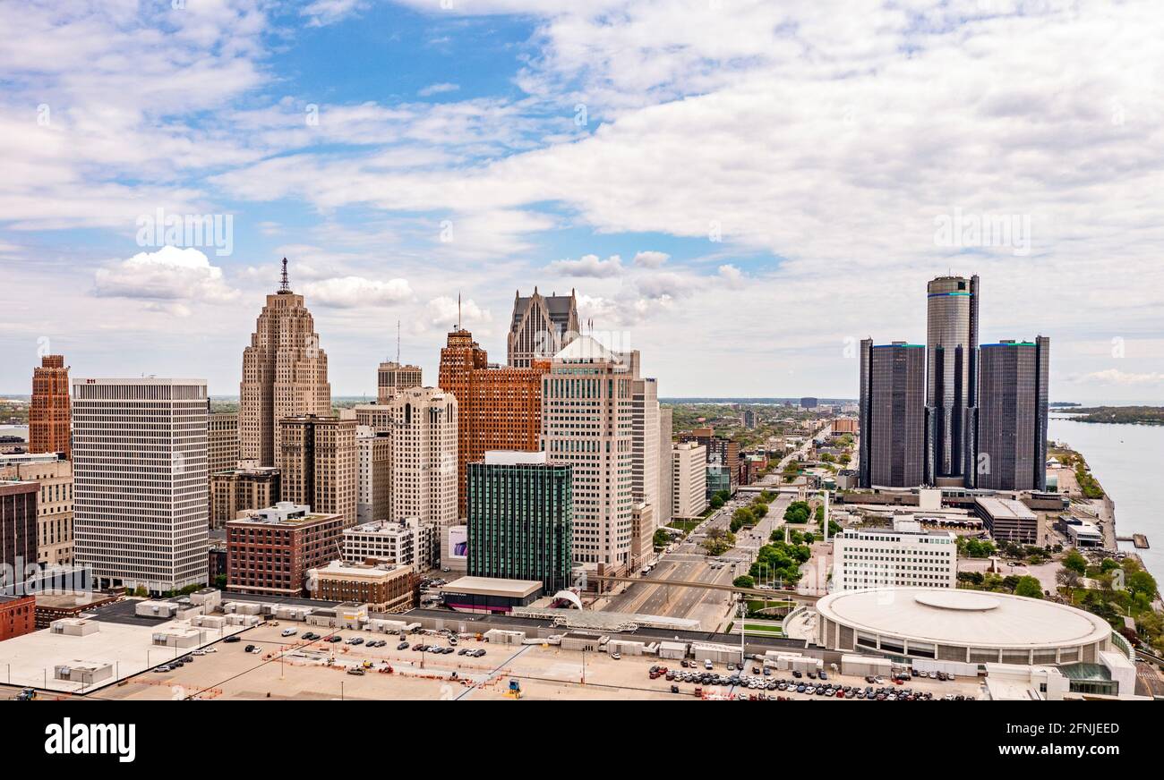 Detroit, Michigan - eine Luftaufnahme der Innenstadt von Detroit. Stockfoto