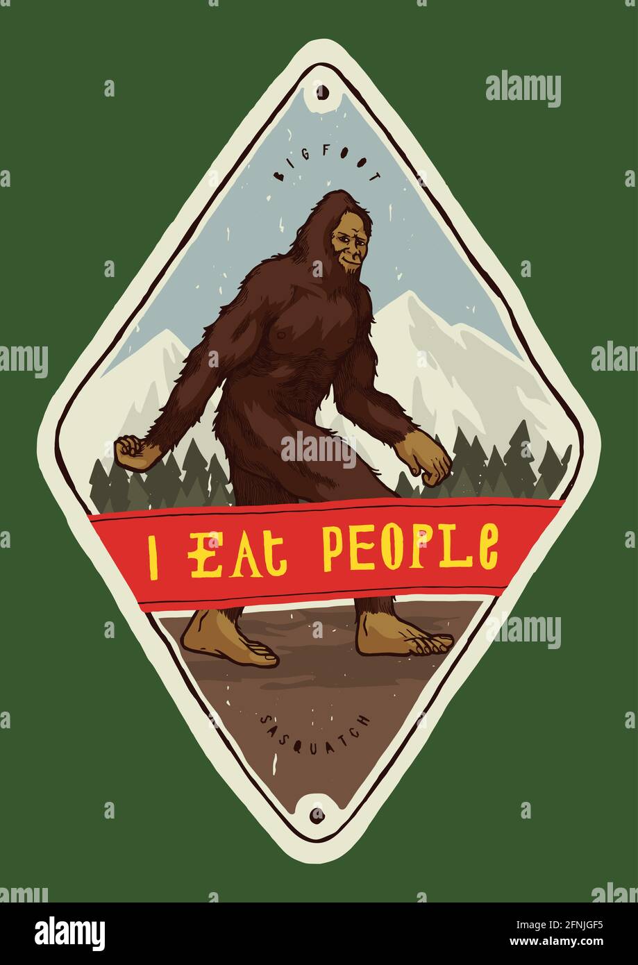 Bigfoot in den Bergen - ich esse Leute - bunt Wandermotiv Stock Vektor