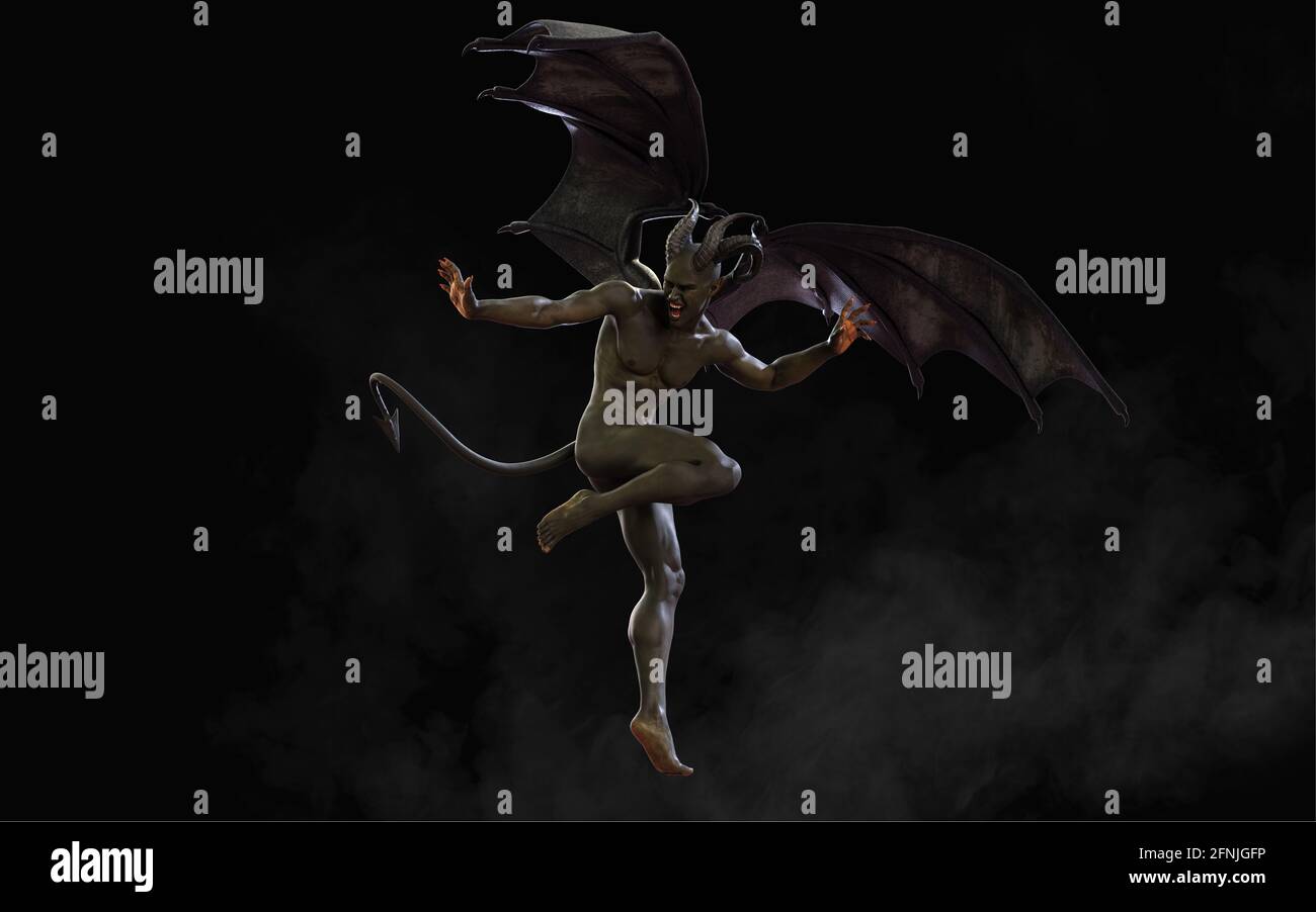 3D-Fantasy-Illustration von Dämon und Teufel und dunklen Flügeln mit Schnittpfad. Stockfoto