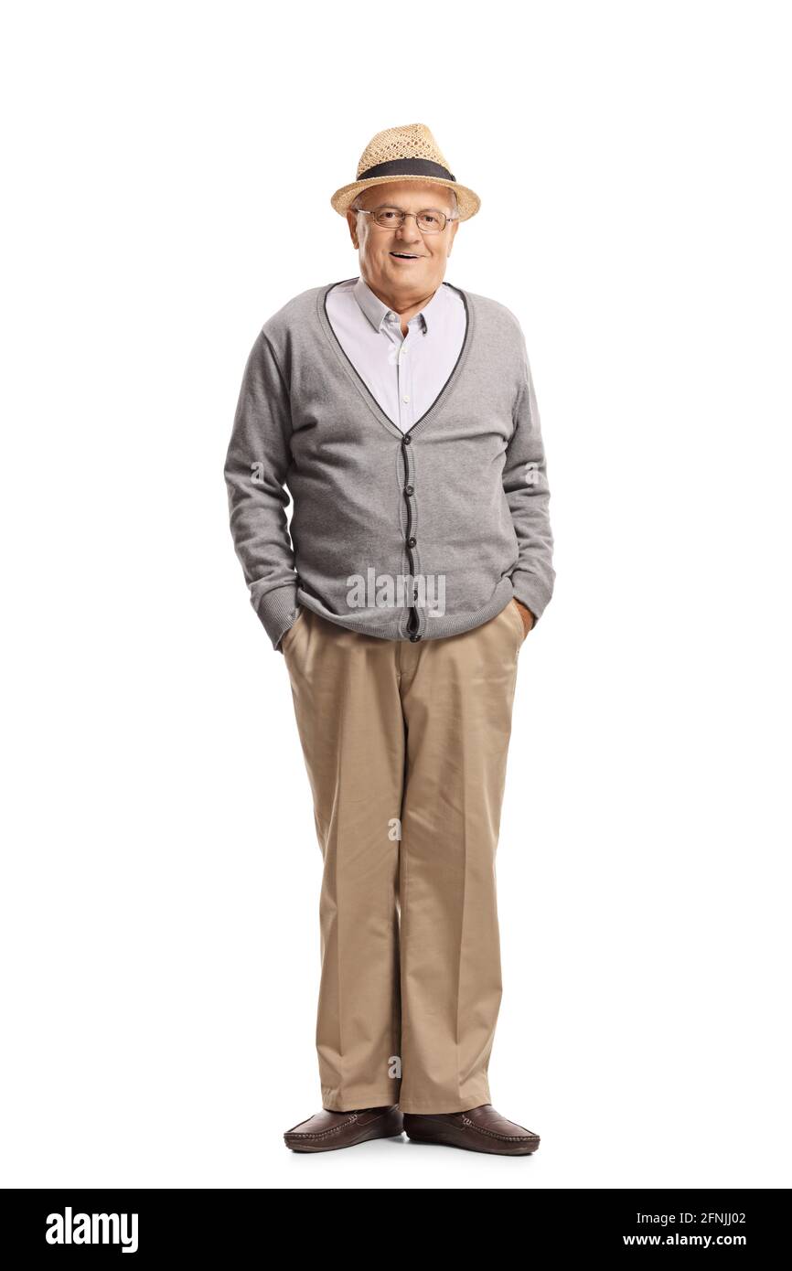 Porträt eines Großvaters, der mit Händen in der Hand steht Taschen und posieren isoliert auf weißem Hintergrund Stockfoto