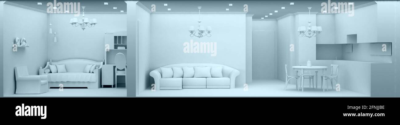 Cutaway Interieur von drei Zimmern in schlichter Farbe. 3d-Rendering Stockfoto