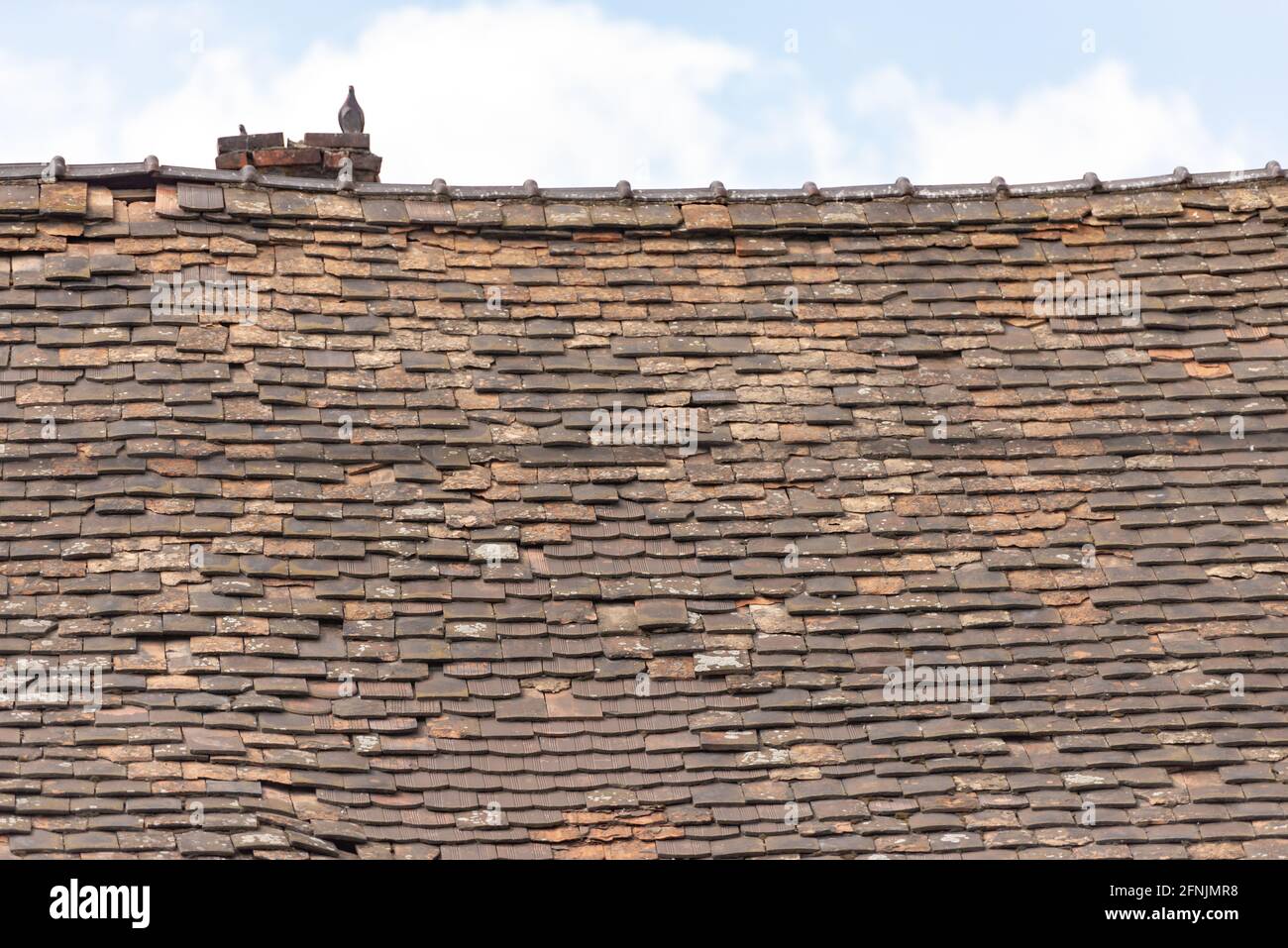 Das Dach besteht aus Tonziegeln. Gürtelrose Nahaufnahme mit zerstörten Gebieten. Stockfoto