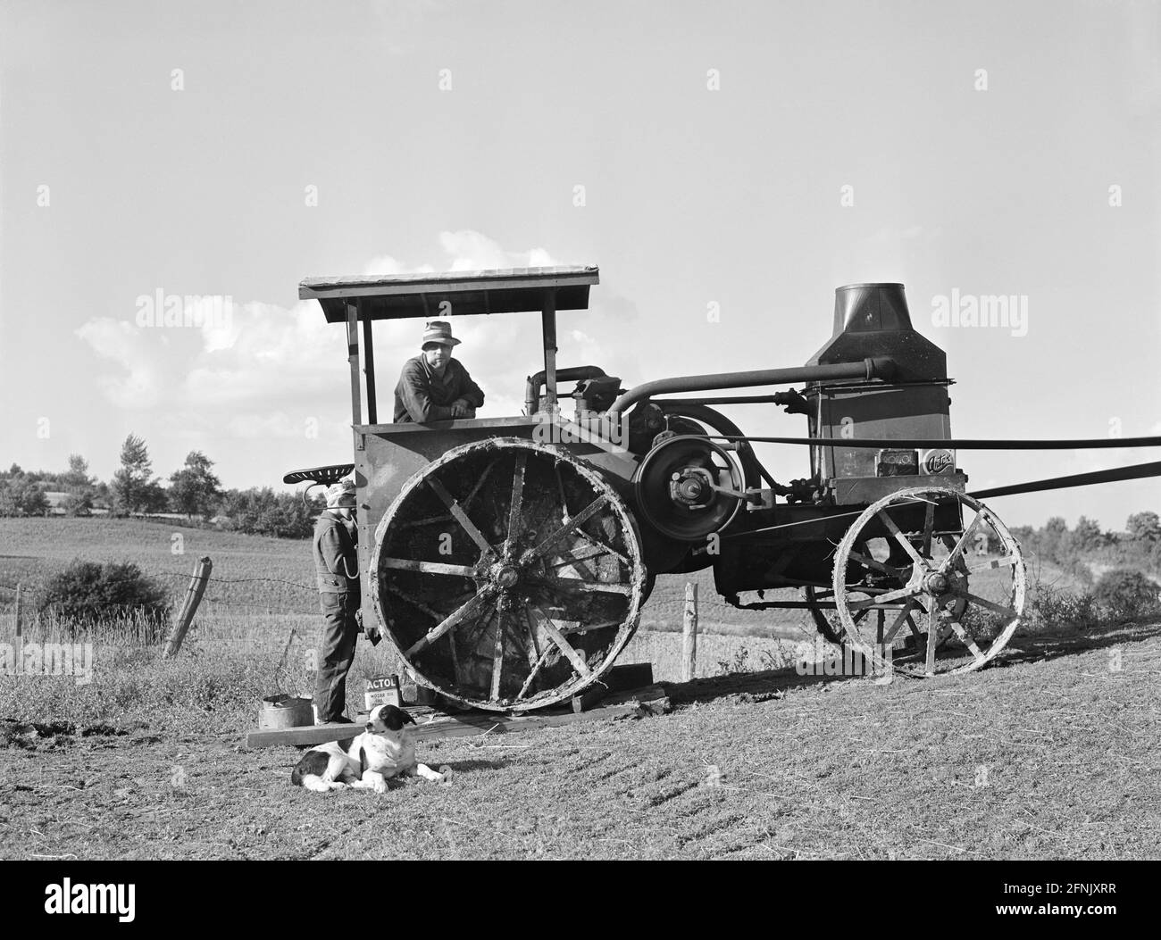 Tailing Hand using Tractor for Dresching on Farm of Alfred Shaffner, Sugar Hill Area near Townsend, New York, USA, Jack Delano, U.S. Farm Security Administration, September 1940 Stockfoto