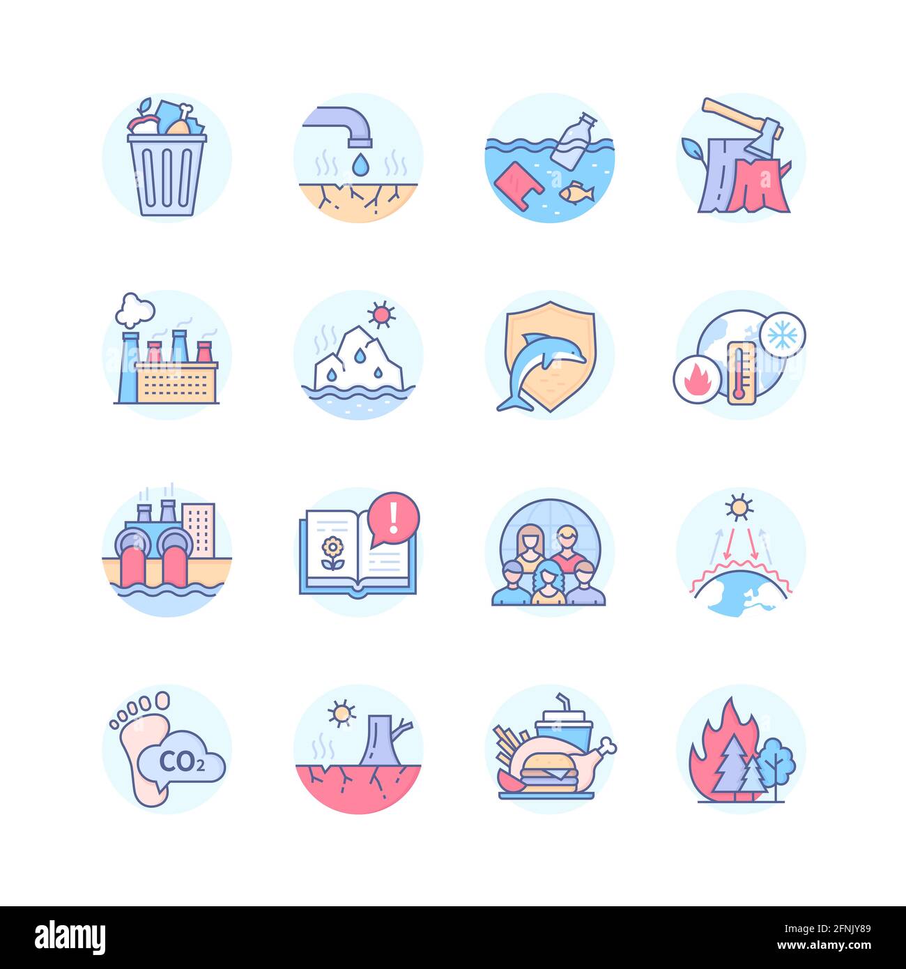 Umweltprobleme - modernes Liniendesign Stil Icons gesetzt. Ökologie-Idee. Lebensmittelverschwendung, Verlust der biologischen Vielfalt, Umweltverschmutzung, Entwaldung, Artensterben Stock Vektor