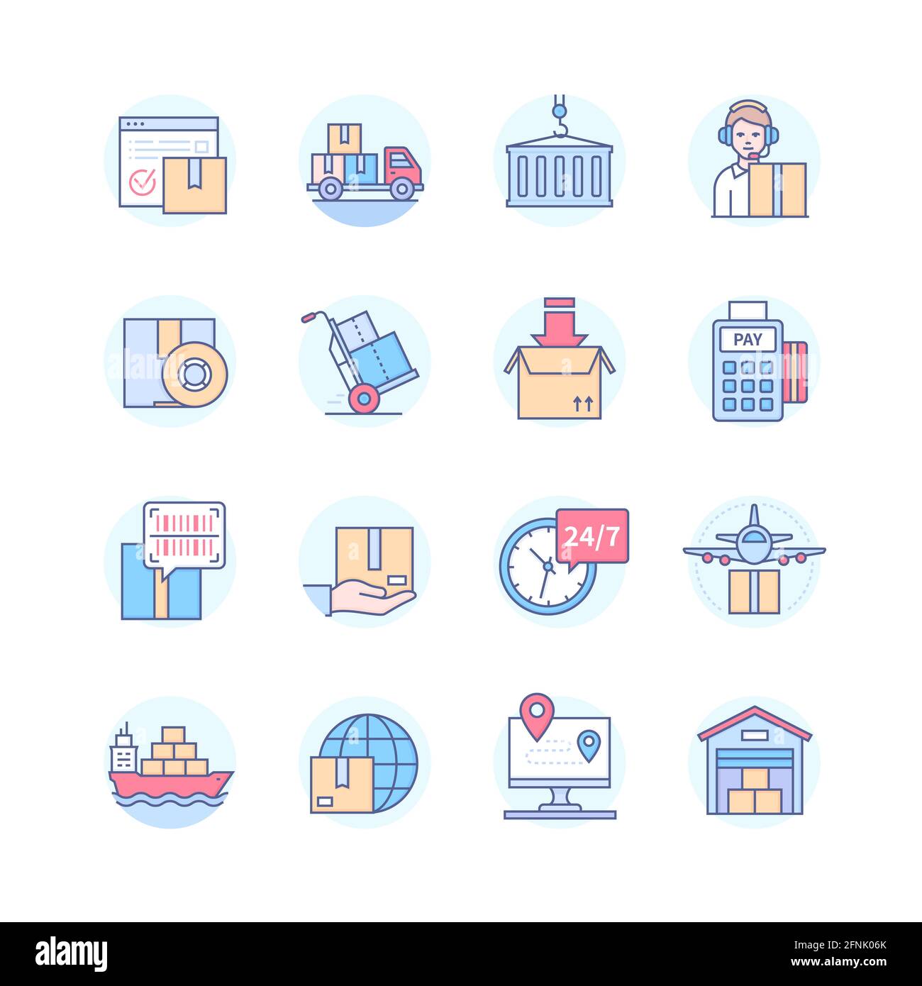 Logistik- und Lieferservices - Symbole im Liniendesign-Stil gesetzt. Transport- und Versandidee. Lieferauftrag, Verpackung, Wasser- und Luftversand, oder Stock Vektor