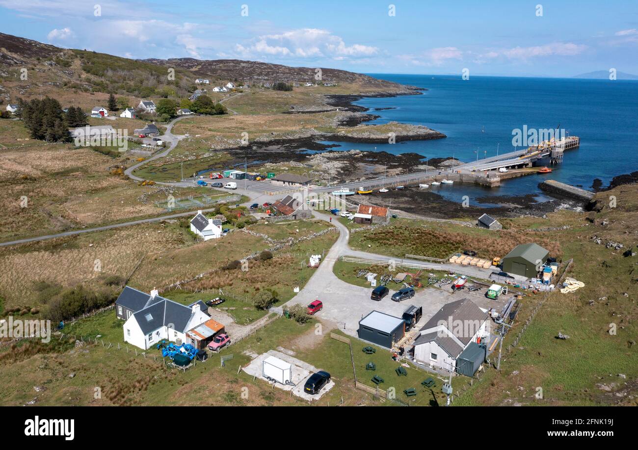 Luftaufnahme von Scalasaig, Isle of Colonsay, Innere Hebriden, Schottland. Stockfoto
