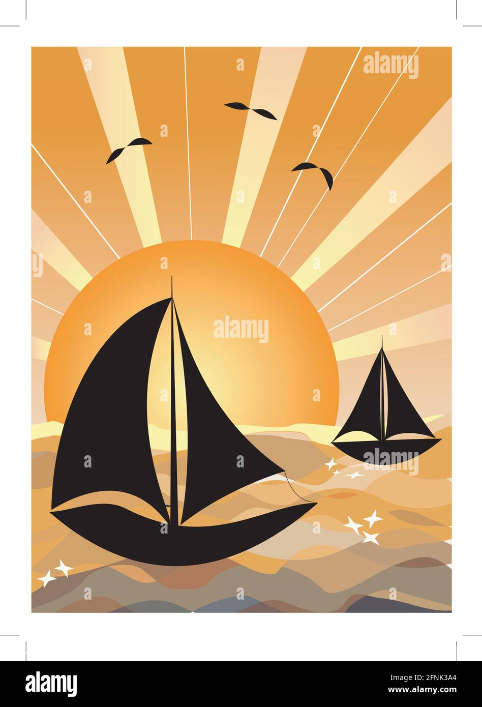Fischerboote bei Sonnenaufgang, Sealboat Silhouette auf gelbem sonnigen Meer Stock Vektor