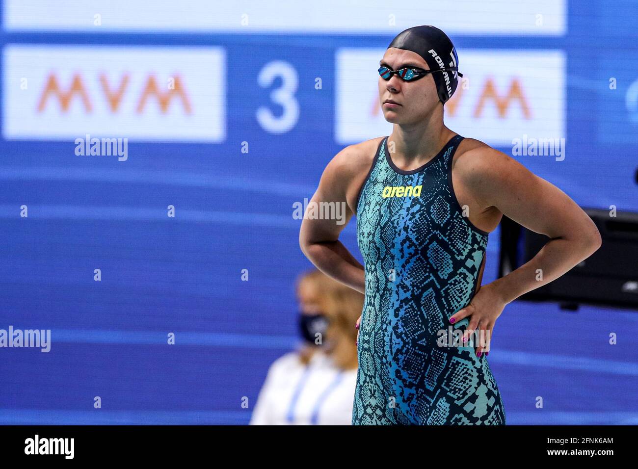 Budapest, Ungarn. Mai 2021. BUDAPEST, UNGARN - 17. MAI: Maria Romanjuk aus Estland tritt beim Frauen-50m-Freistil-Preliminary während der len-Europameisterschaft im Schwimmen in der Duna Arena am 17. Mai 2021 in Budapest, Ungarn an (Foto von Marcel ter Bals/Orange Picics) Kredit: Orange Pics BV/Alamy Live News Kredit: Orange Pics BV/Alamy Live News Stockfoto