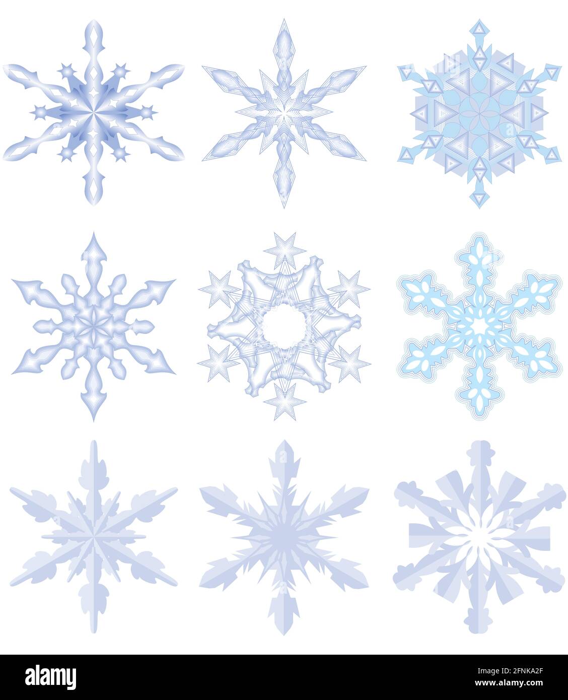 Ein Set aus neun Schneeflocken in blauem Design Stock Vektor