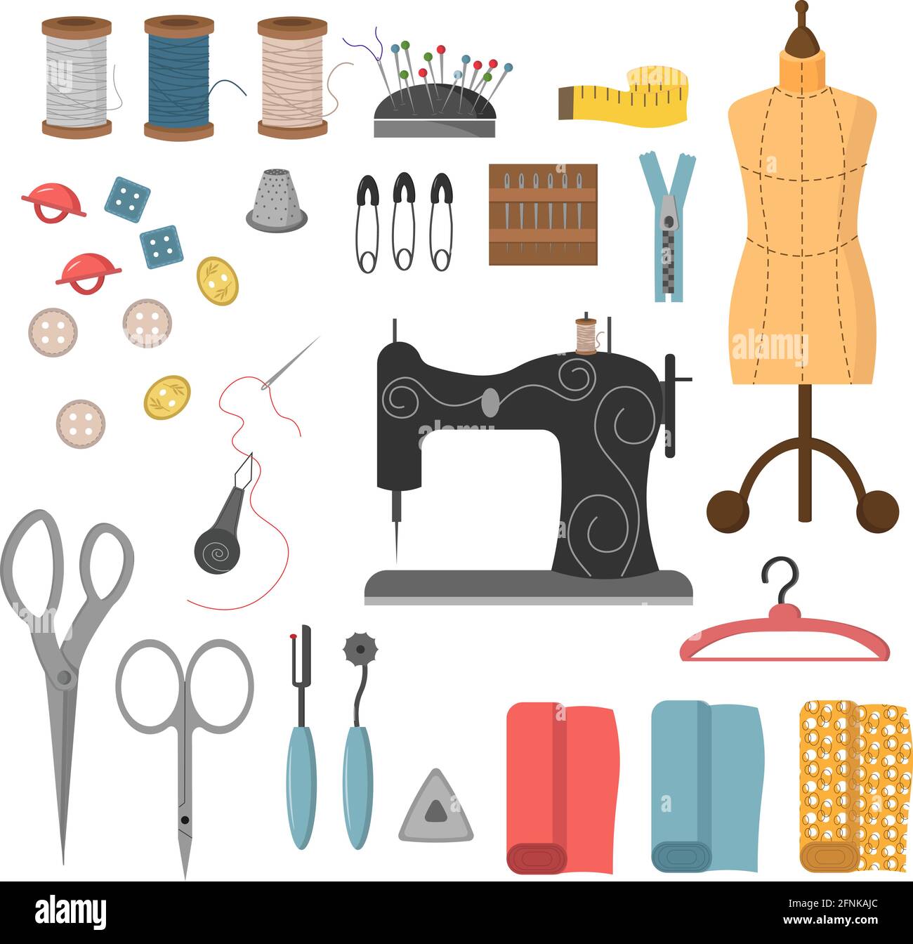 Eine Reihe von Nähwerkzeugen. Fäden, Nadeln, Knöpfe und Nähmaschine,  Schaufensterpuppen und Stoffschnitte Stock-Vektorgrafik - Alamy