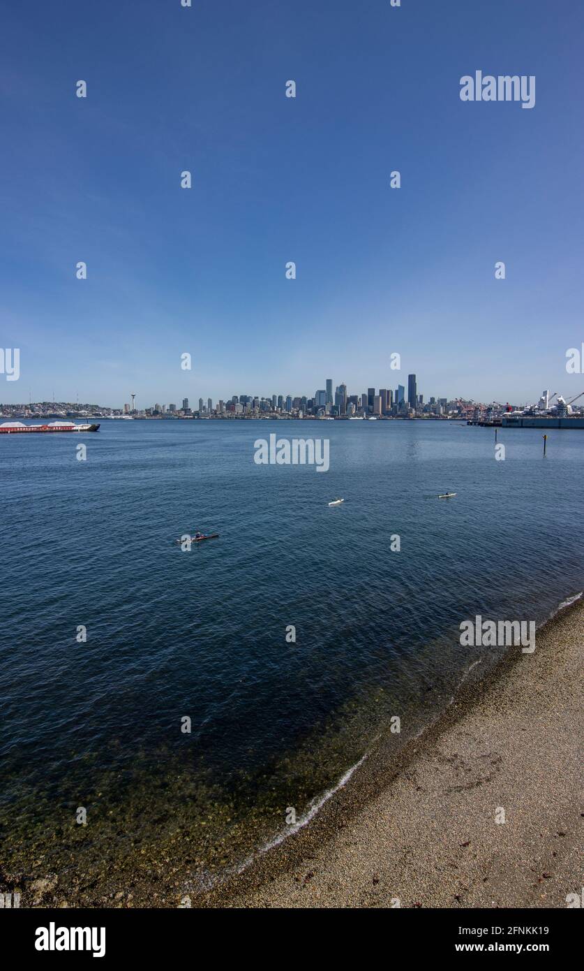 Kyakers erkunden die Elliott Bay in diesem Bild mit der virtischen Stadtlandschaft von Seattle, Washington. USA. 2021. Stockfoto