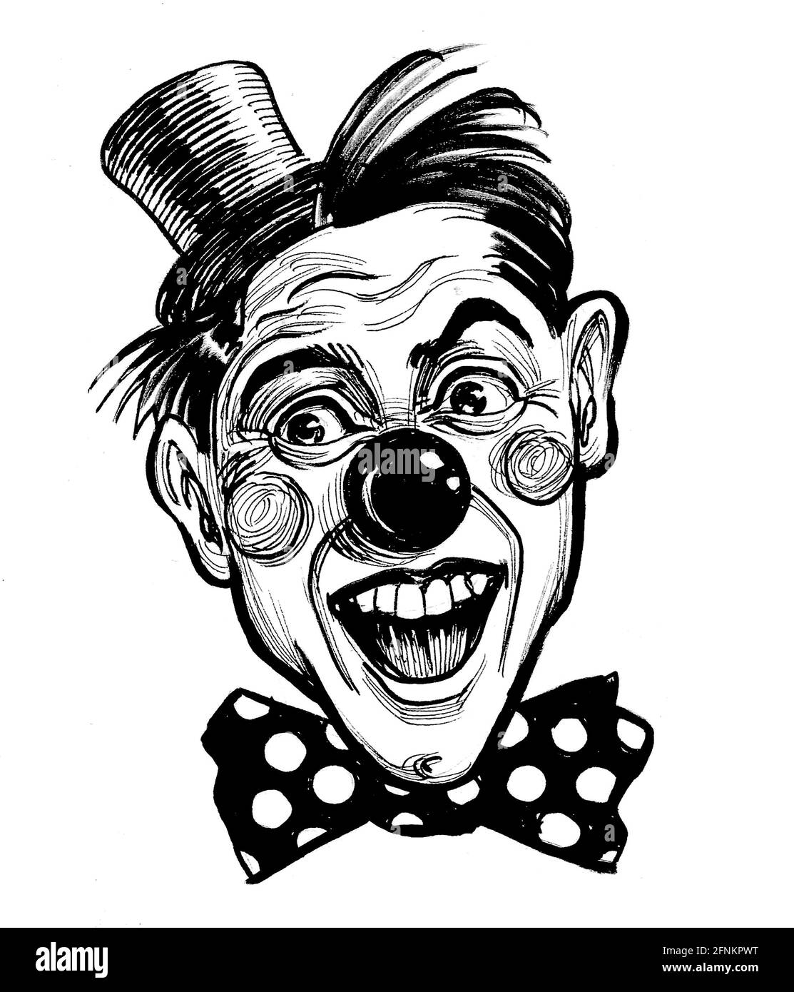 Lachendes Clownsgesicht. Tinte schwarz-weiß Zeichnung Stockfoto