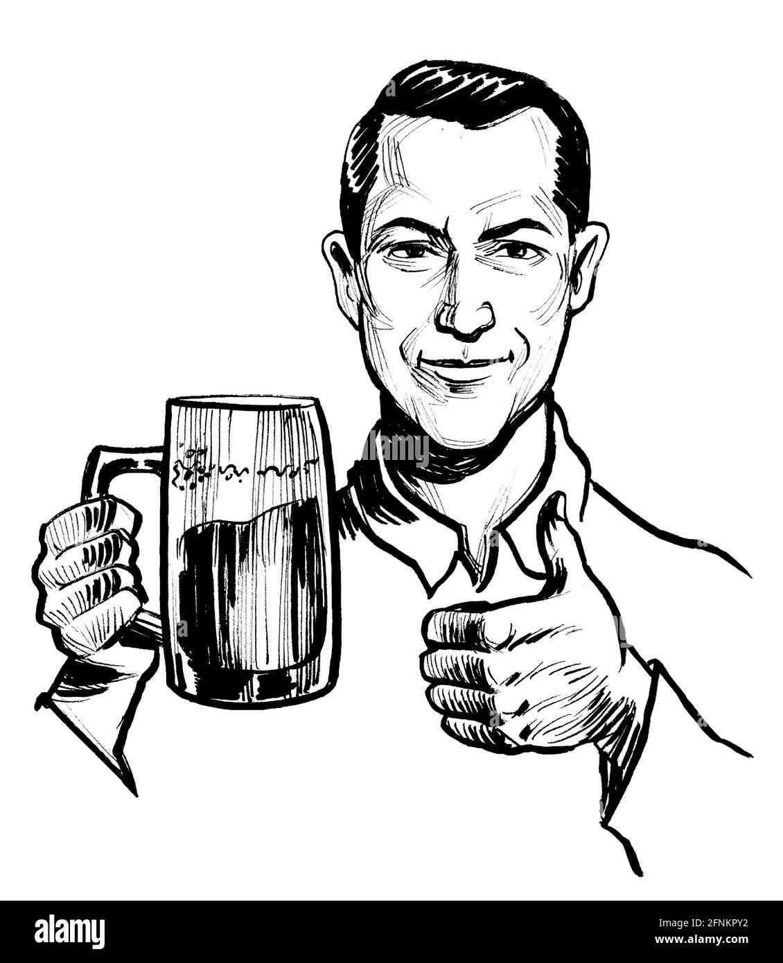 Mann trinkt einen Becher Bier. Tinte schwarz-weiß Zeichnung Stockfoto