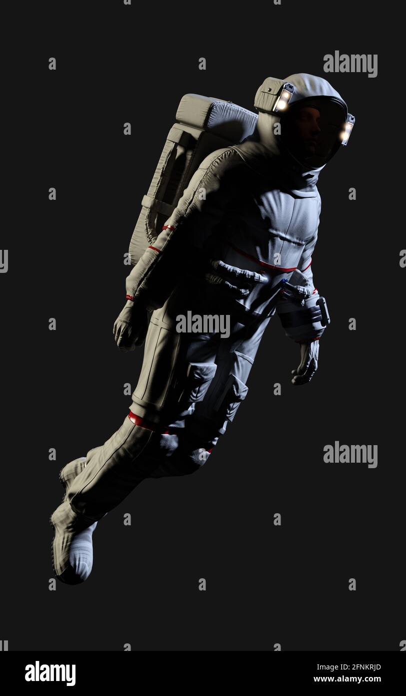 3d Illustration Astronaut Pose vor isoliert auf schwarzem Hintergrund mit Beschneidungspfad. Stockfoto
