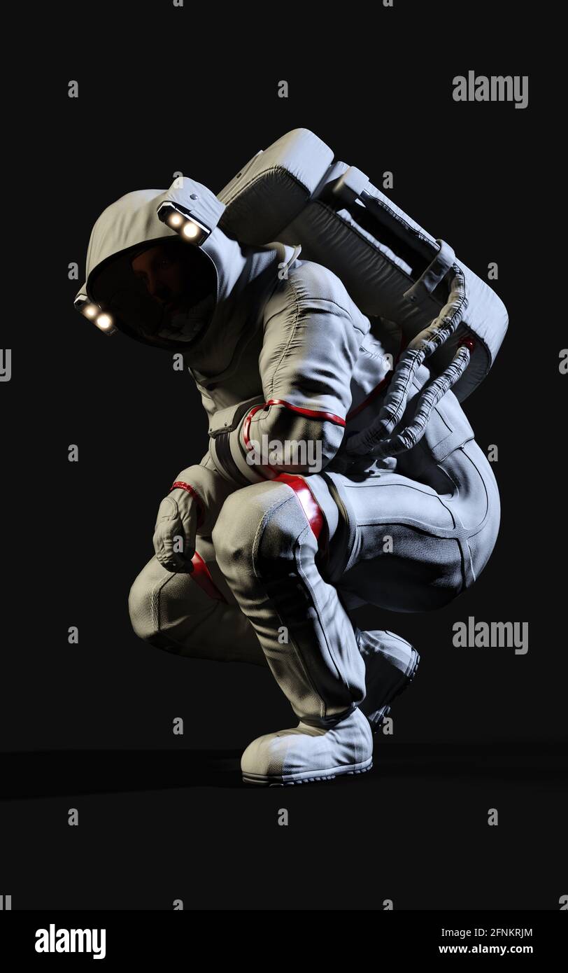 3d Illustration Astronaut Pose vor isoliert auf schwarzem Hintergrund mit Beschneidungspfad. Stockfoto