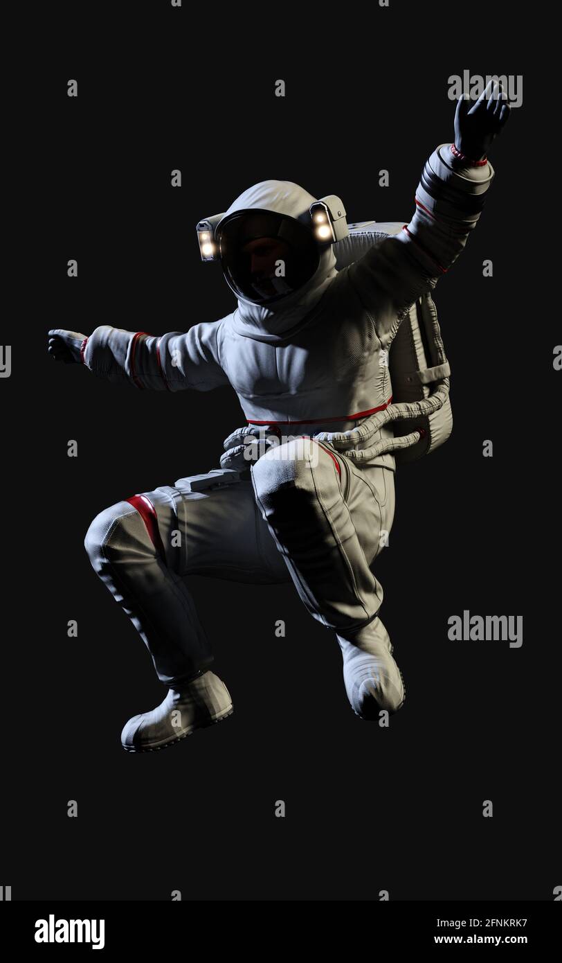 3d Illustration Astronaut Pose vor isoliert auf schwarzem Hintergrund mit Beschneidungspfad. Stockfoto