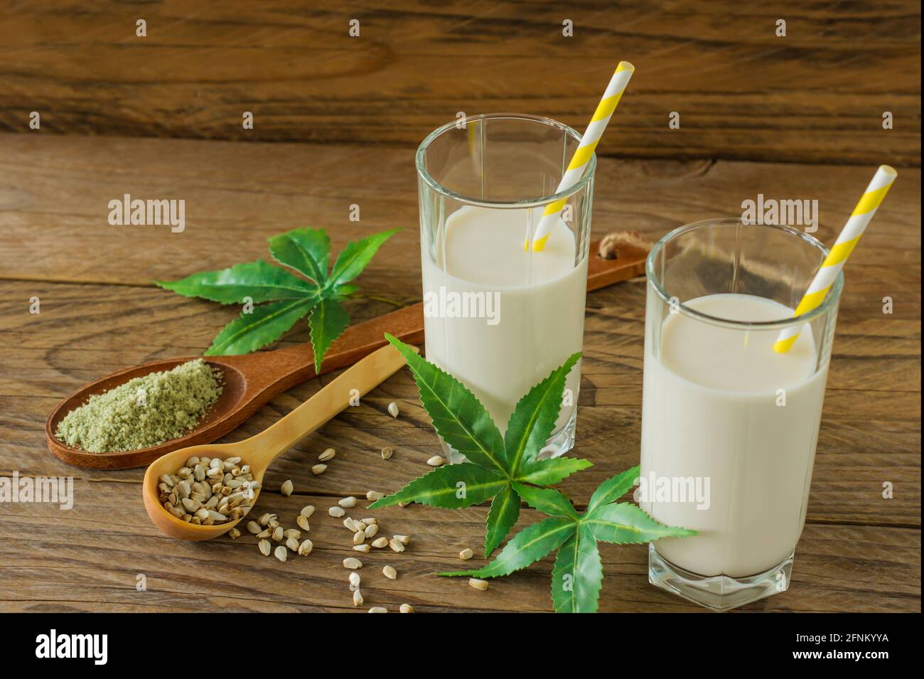 Gläser mit Cannabis pflanzlichem veganem Gluten und laktosefreier Milch und Cannabisblättern auf Holztisch. Stockfoto