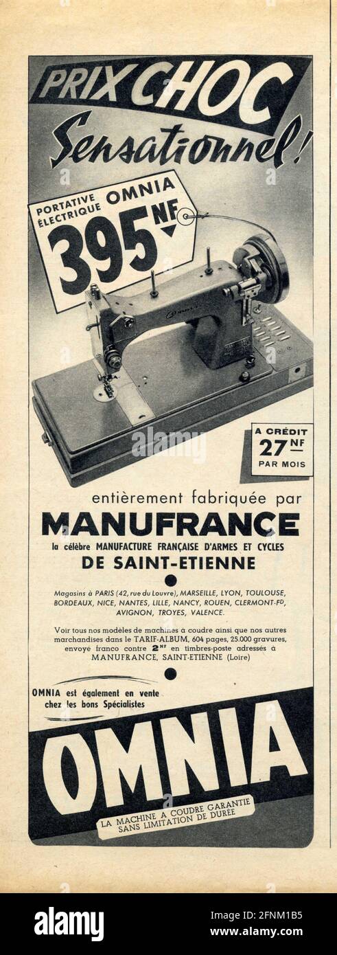 Publicité ancienne. OMNIA. La Machine à coudre garantie sans limitiert de durée Stockfoto