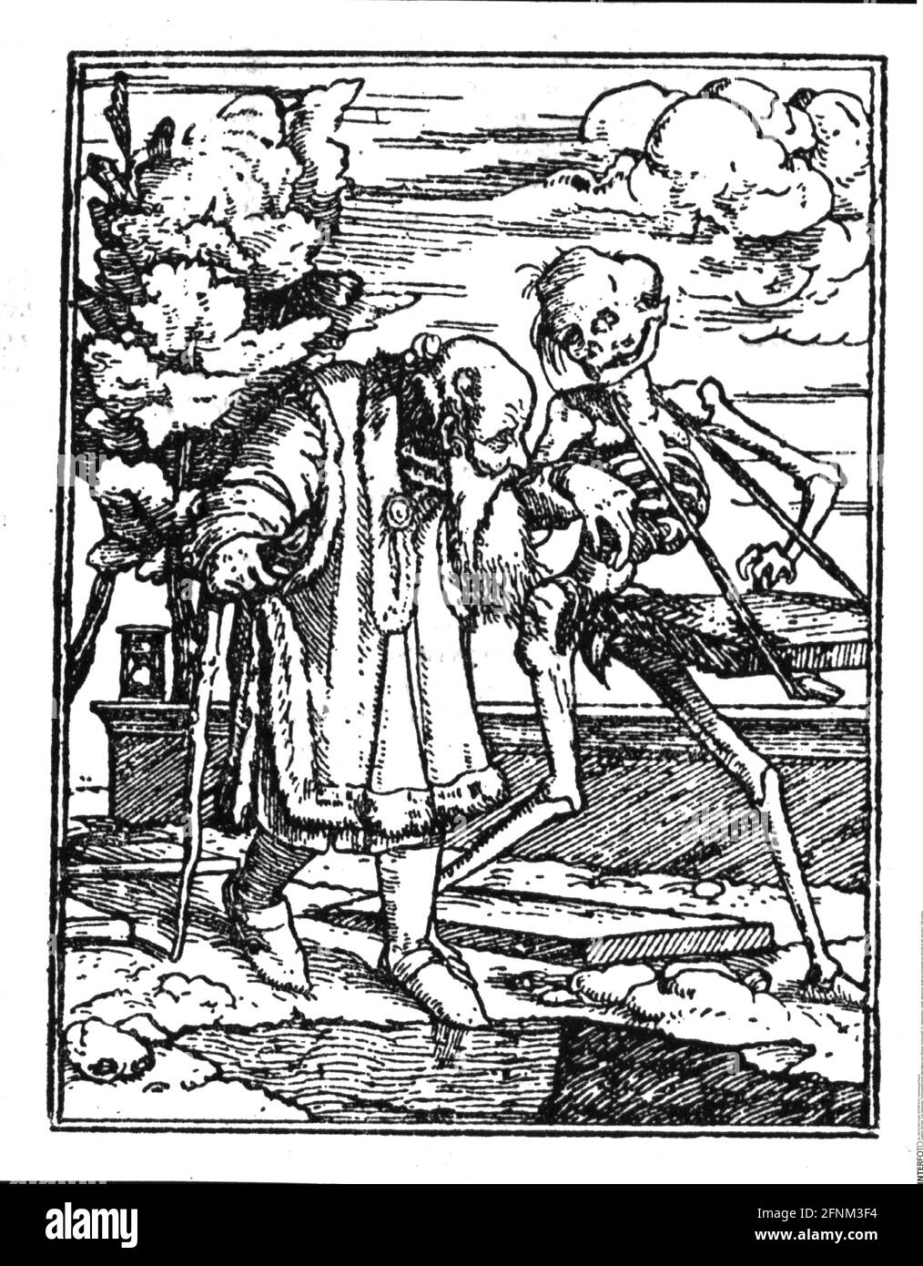 Tod, Allegorien, Tod, der einen alten Mann zum Sterben begleitet, Holzschnitt, 15. Jahrhundert, ZUSÄTZLICHE-RIGHTS-CLEARANCE-INFO-NOT-AVAILABLE Stockfoto