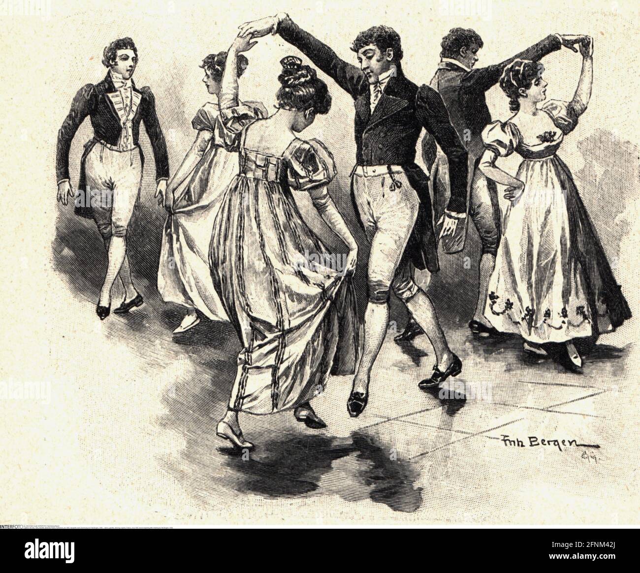 Tanz, gavotte, tanzende Paare, Frankreich, um 1805, Holzstich nach Zeichnung von Fritz Bergen, ZUSÄTZLICHE-RIGHTS-CLEARANCE-INFO-NOT-AVAILABLE Stockfoto