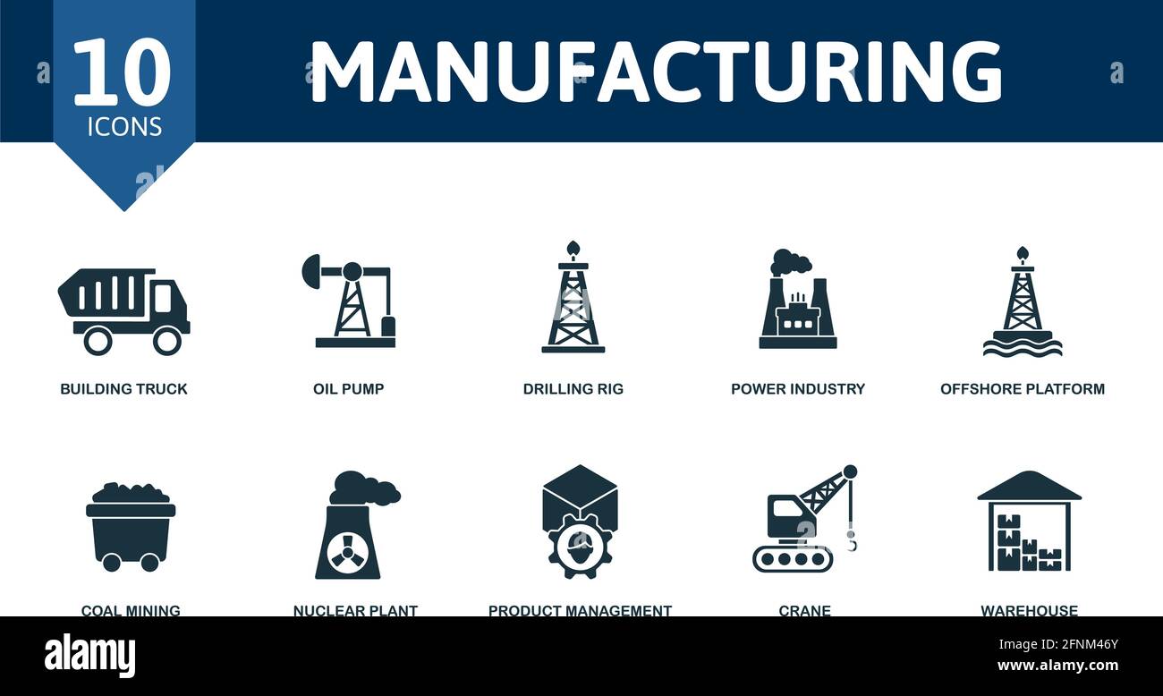 Fertigungssymbole eingestellt. Enthält editierbare Symbole Industrie Thema wie Bau LKW, Bohrgerät, Offshore-Plattform und vieles mehr. Stock Vektor