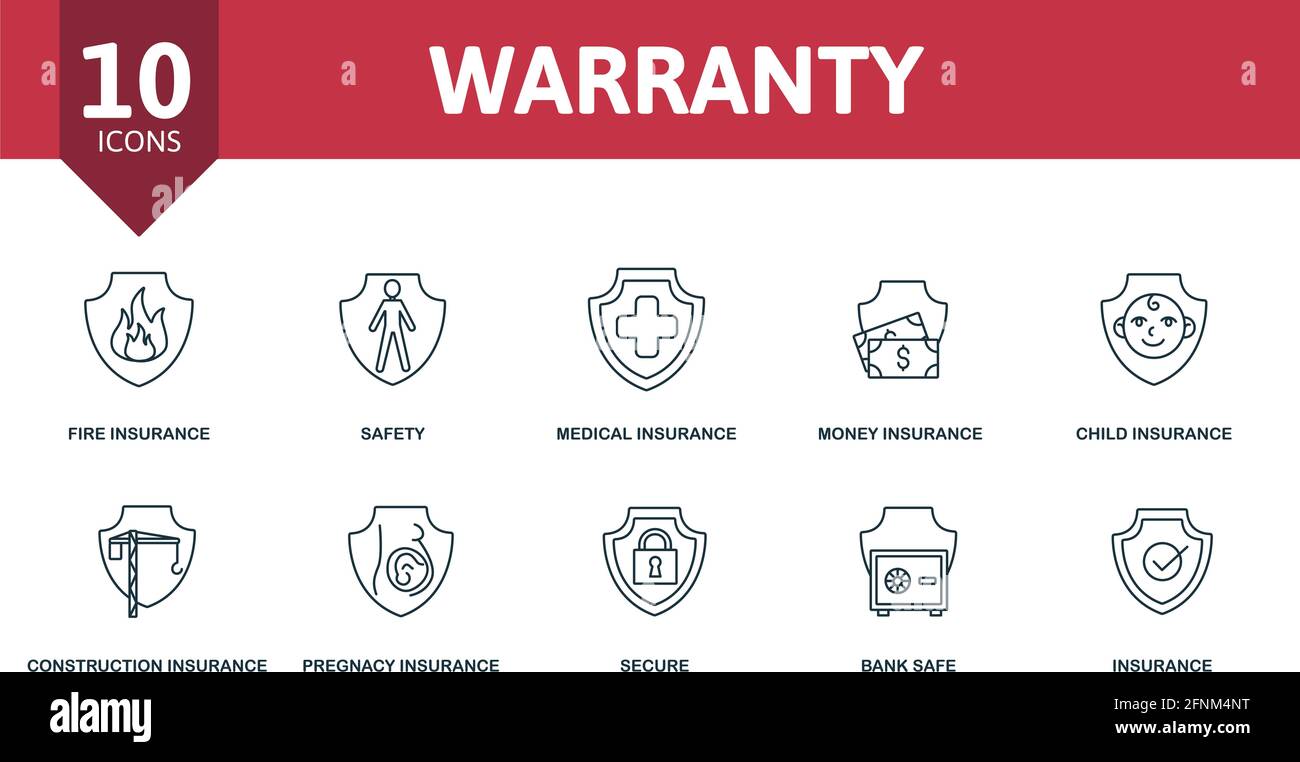 Garantie-Symbol festgelegt. Enthält editierbare Symbole für Versicherungsthema wie Feuerversicherung, Krankenversicherung, Kinderversicherung und mehr. Stock Vektor