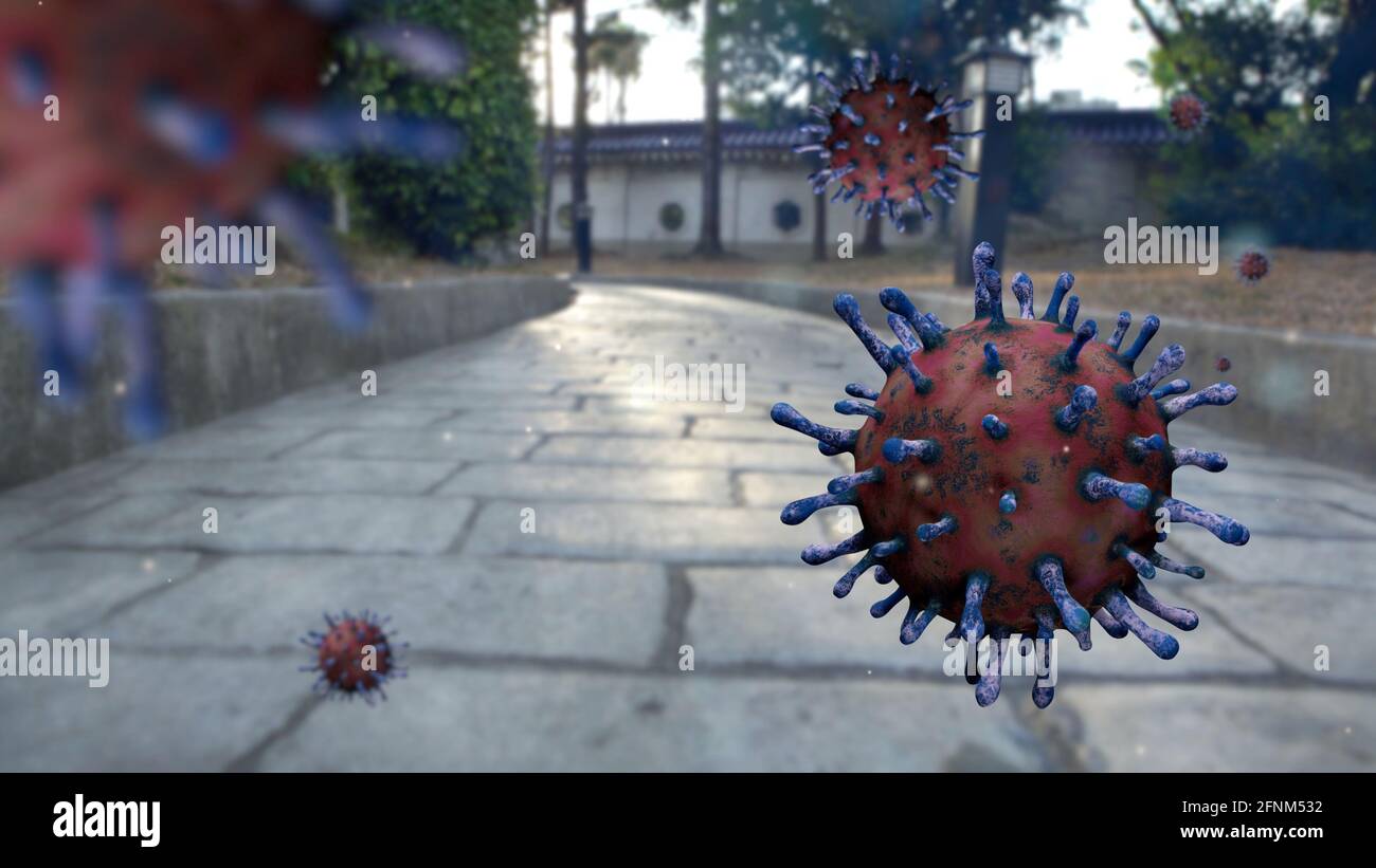 3d Illustration Virus Covid 19 Auf Pflastersteinstrasse Coronavirus Uber Einem Alten Burgersteig Aus Quadratischem Kopfsteinpflaster In Taipei Gartenterrasse In Backy Stockfotografie Alamy