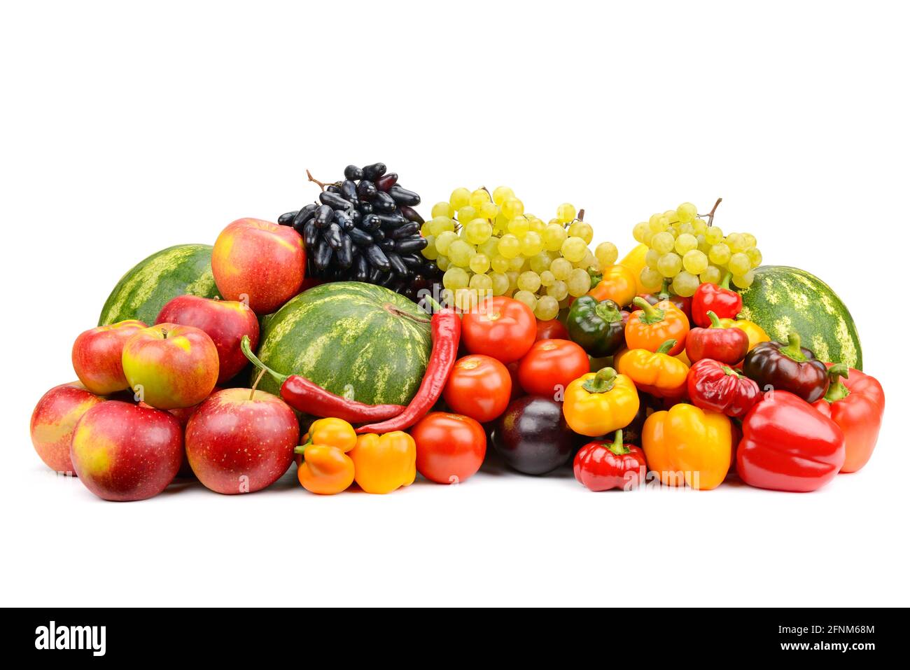 Reifes und frisches Gemüse und Obst isoliert auf weißem Hintergrund Stockfoto