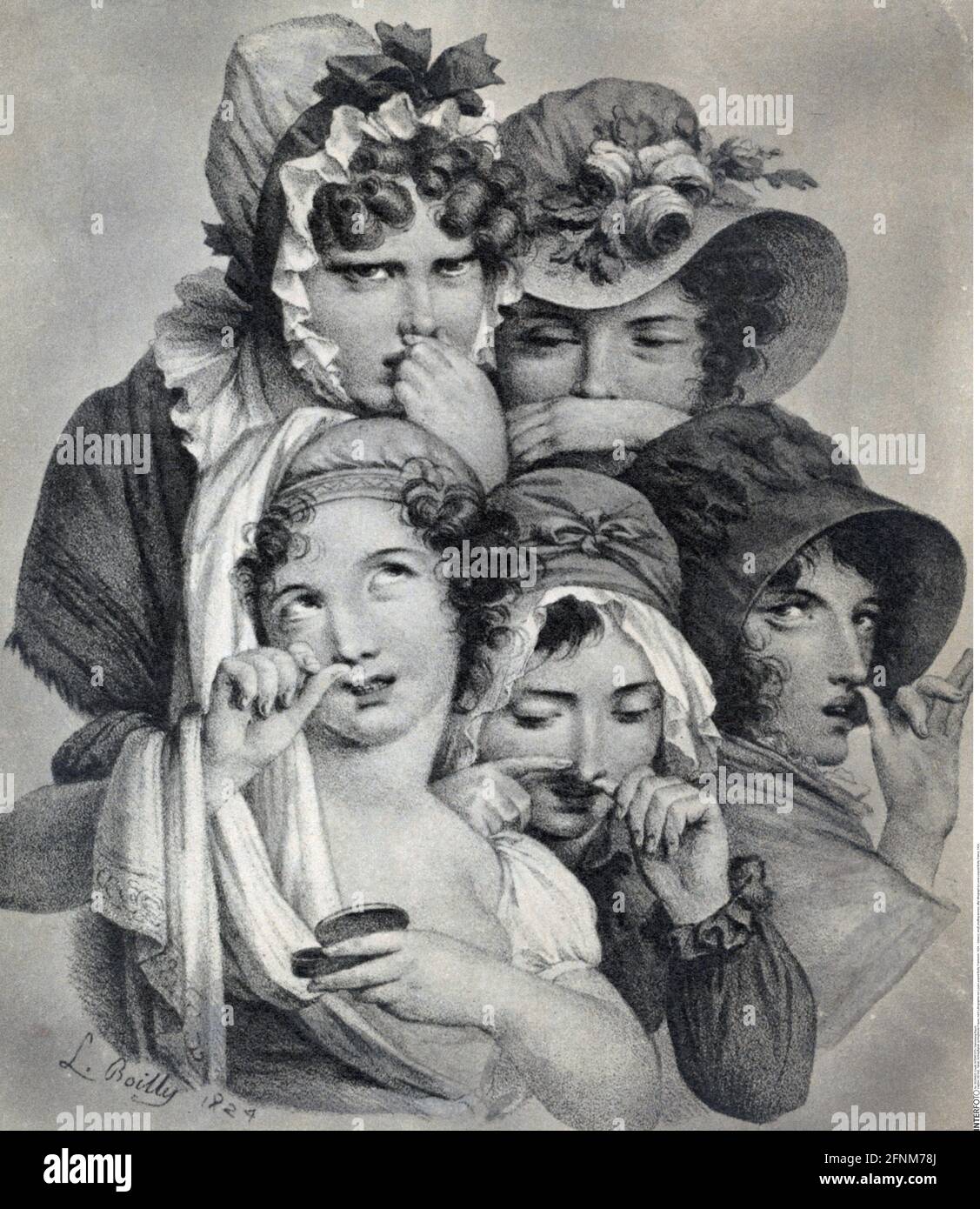 Tabak, Schnupftabak, rauschende Frauen, nach Lithographie von Louis Leopold Boilly, Frankreich, 1824, ZUSÄTZLICHE RECHTE-FREIGABE-INFO-NICHT-VERFÜGBAR Stockfoto