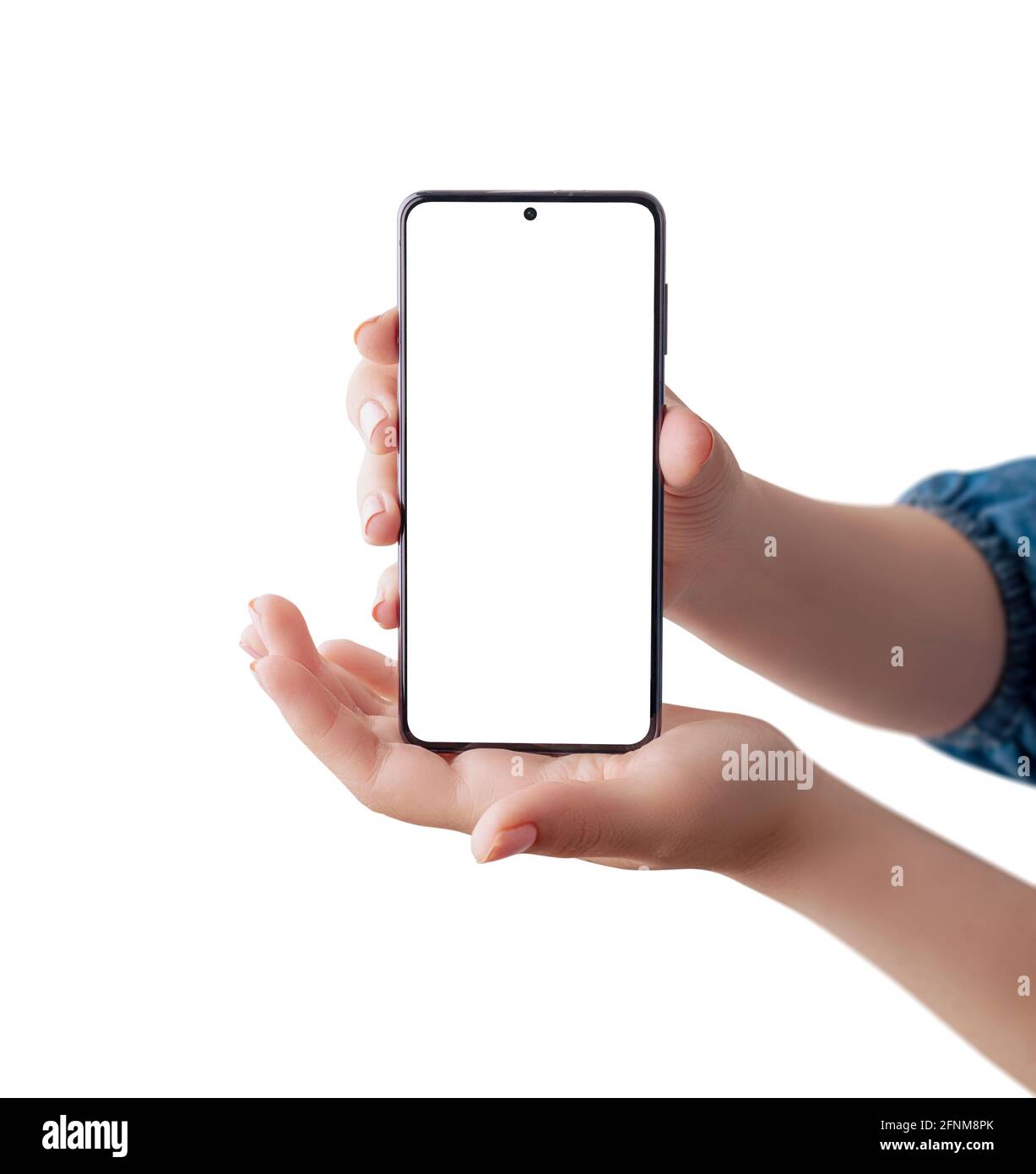 Smartphone-Mockup in weiblichen Händen isoliert. Hände, die die Vorderseite des Telefons zeigen. App-Präsentationskonzept Stockfoto