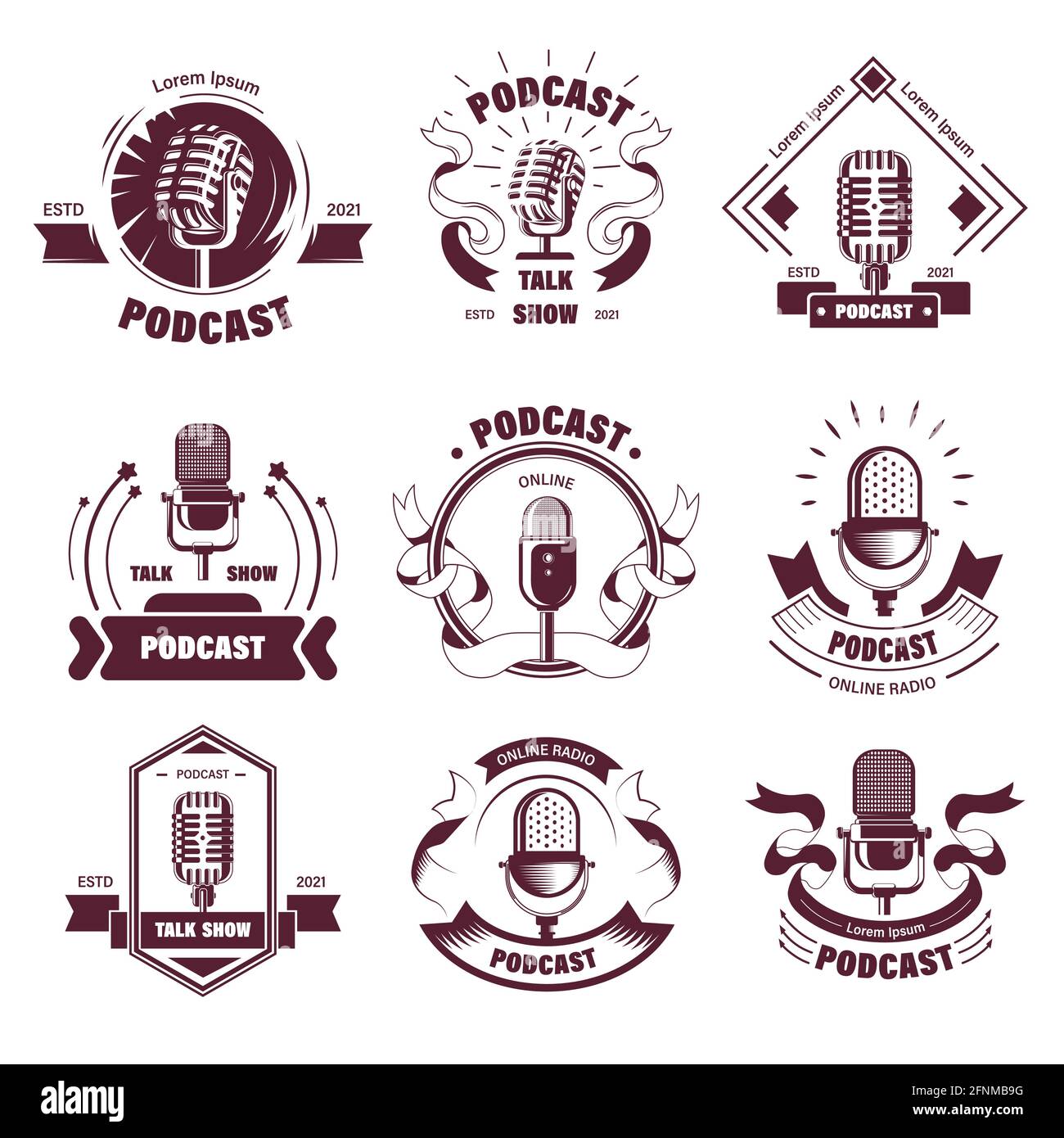 Podcasts Symbole und Embleme mit Vintage-Mikrofon Stock Vektor