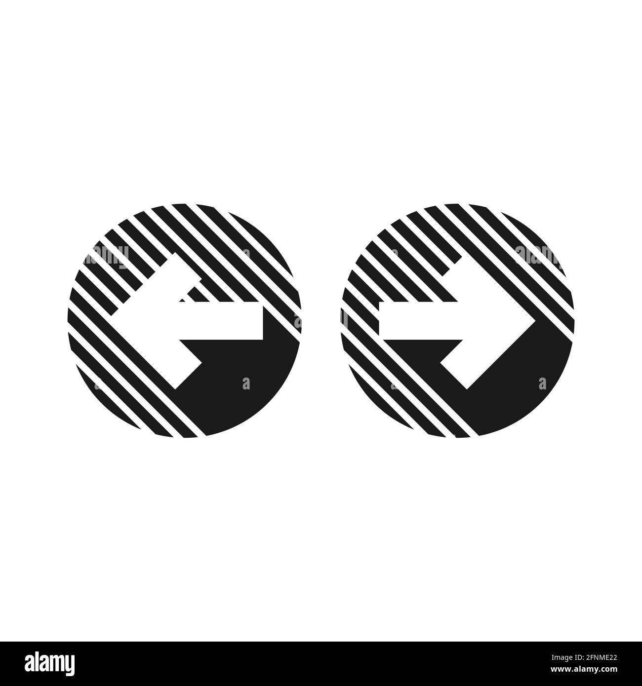 Satz von Pfeilen. Schwarze Pfeile nach links und rechts in Kreissymbolen. Isoliert auf Weiß. Symbol „Weiter“. Zurück und nächste Zeichen. Pfeil nach Osten und Westen. Stock Vektor