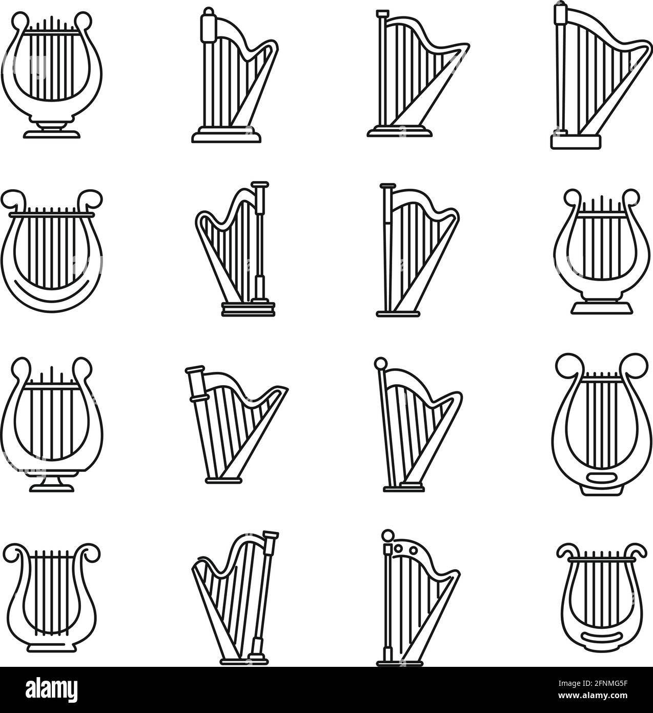 Harp-Instrumentensymbole gesetzt, Umrissstil Stock Vektor