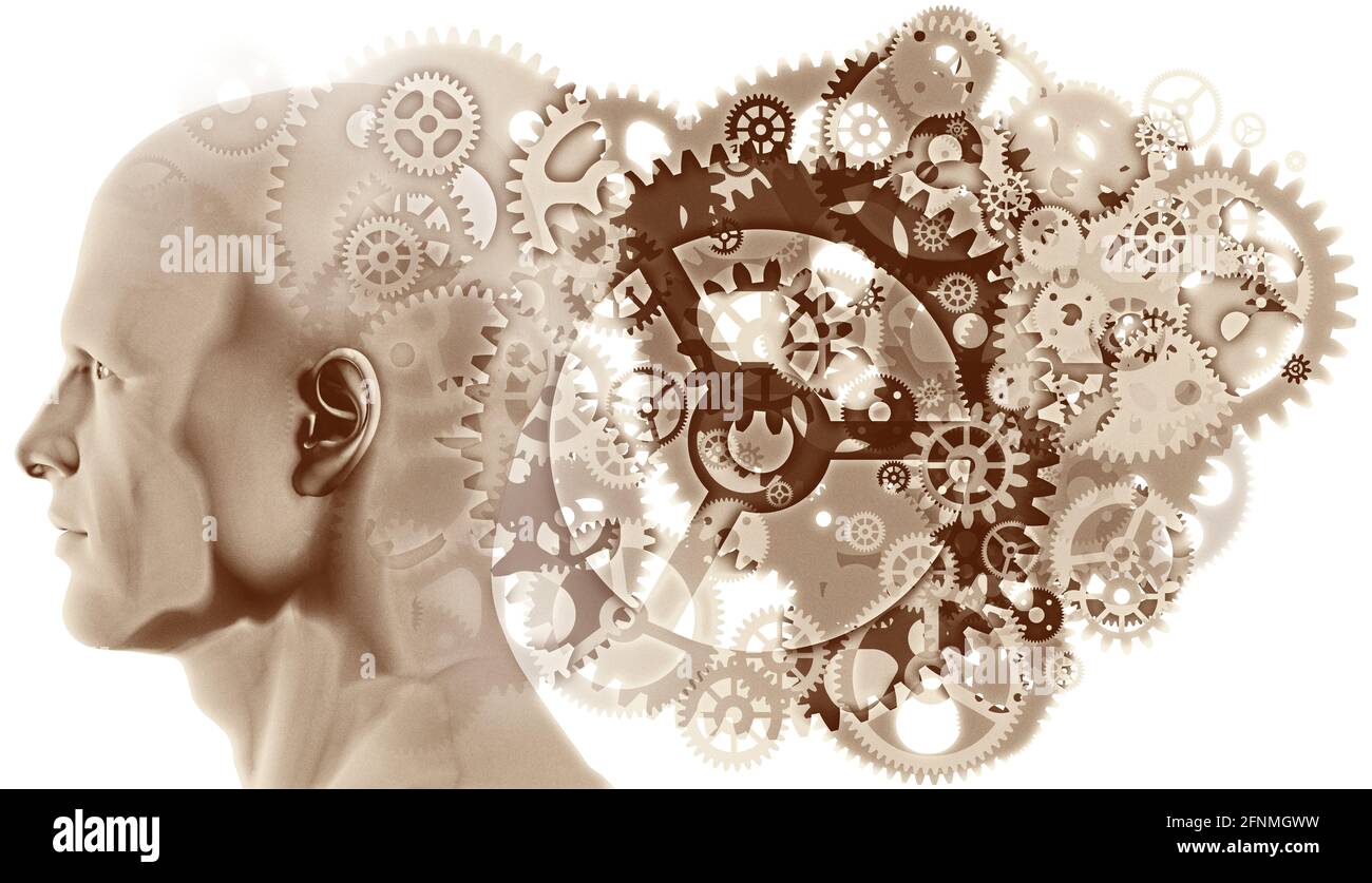 Eine Figur Kopf Seitenprofil überlagert mit verschiedenen Größen semi-transparent überlappenden Maschine Zahnräder und Zahnräder, die harte Arbeit und Prozesse. Stockfoto