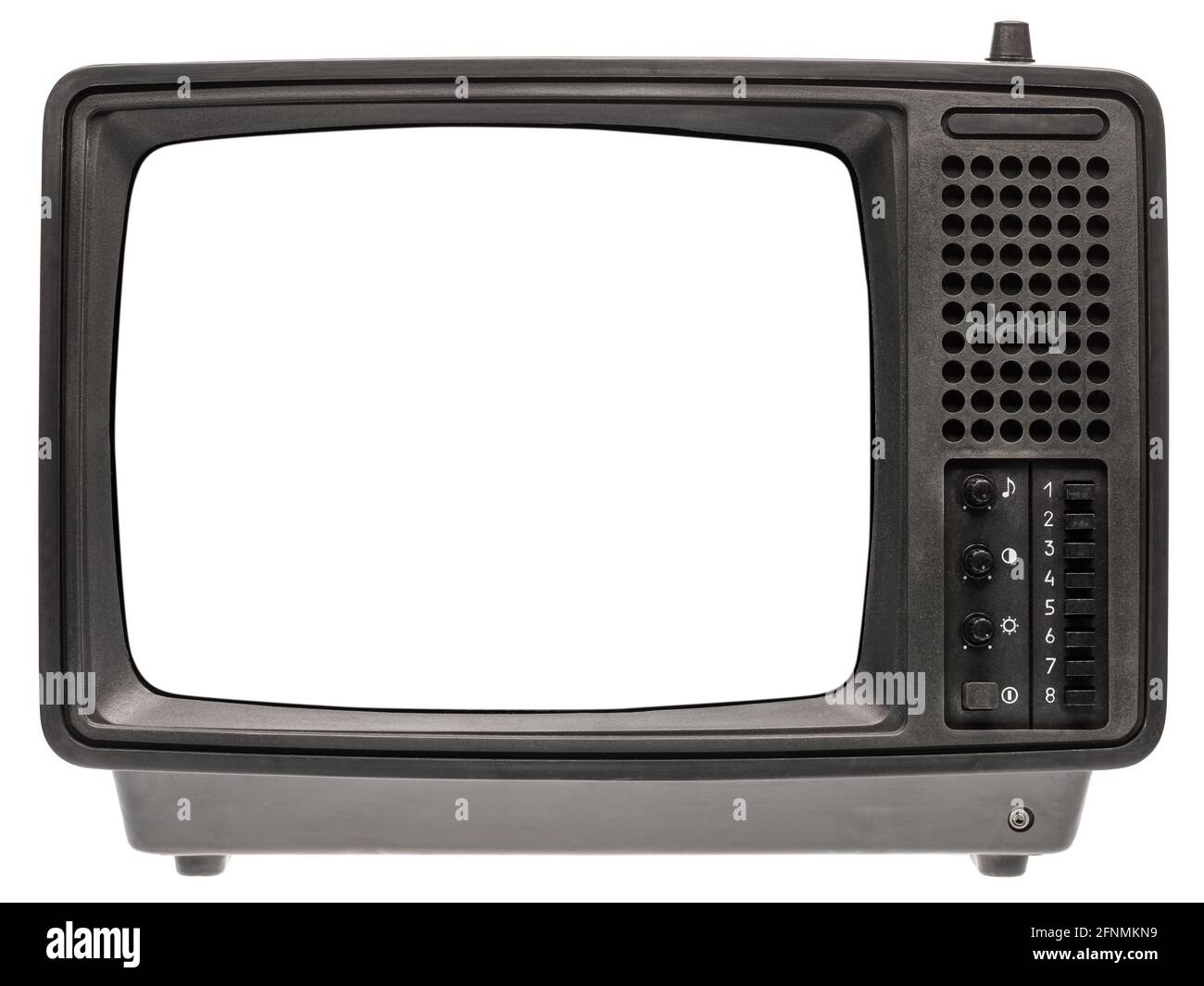Vintage tragbarer schwarz-weißer CRT-TV-Empfänger mit leerer Bildschirmvorlage, isoliert auf weißem Hintergrund. Retro-Technologiekonzept Stockfoto
