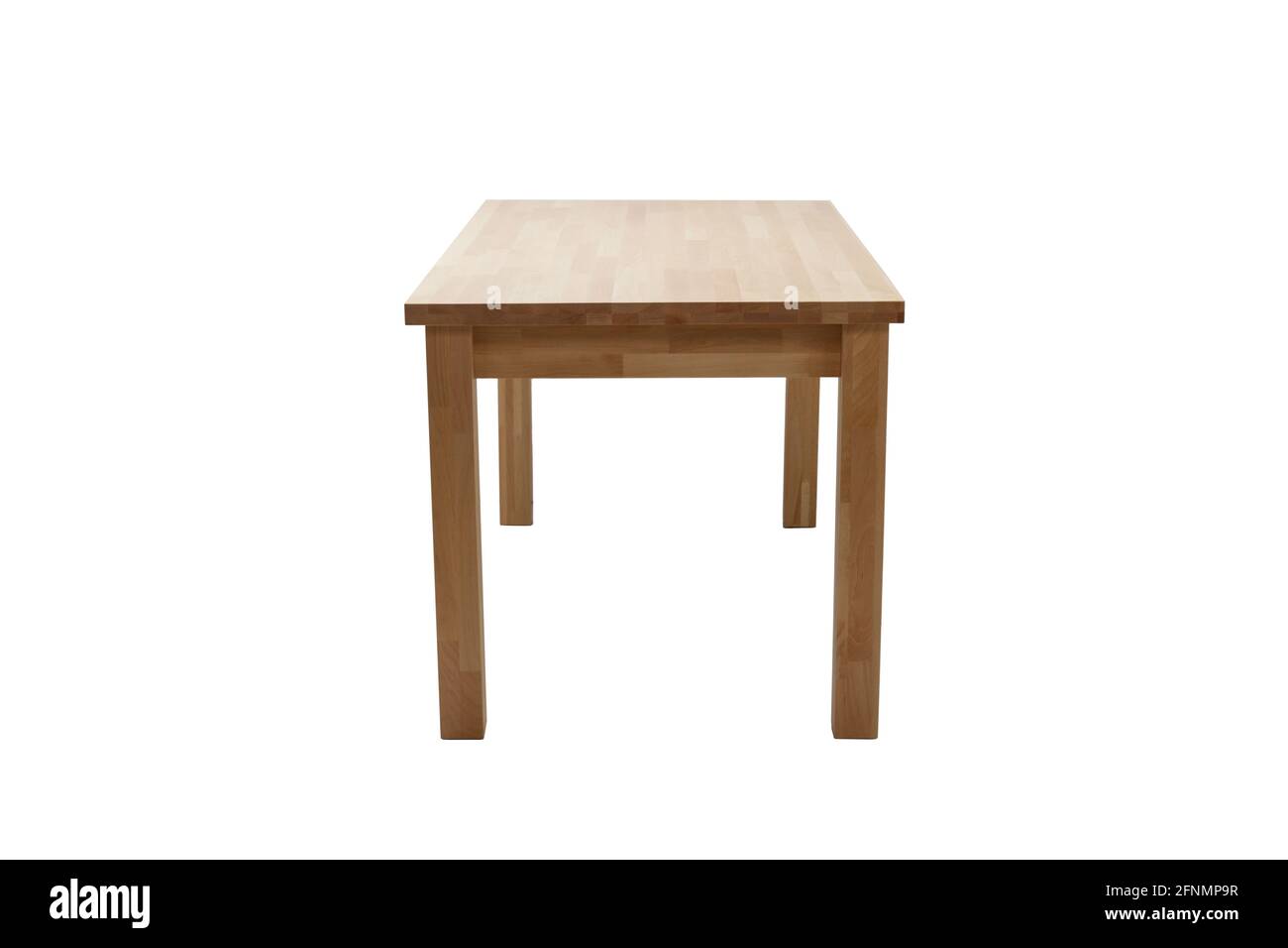 Moderner Holztisch isoliert auf weißem Hintergrund. Küche Esstisch, Seitenblick. Stockfoto