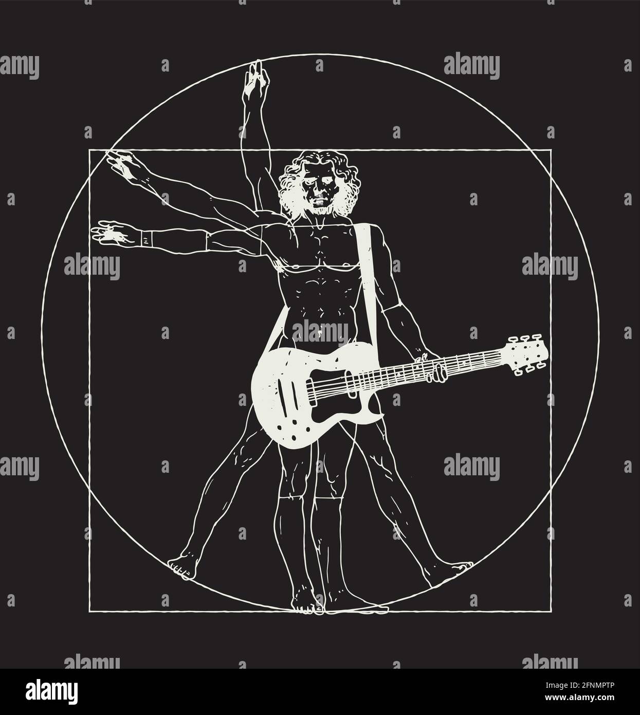 Da Vinci Mann spielt Rockgitarre. Vitruvian Mann Rock Musik T-Shirt Druck Vektor Illustration. Stock Vektor