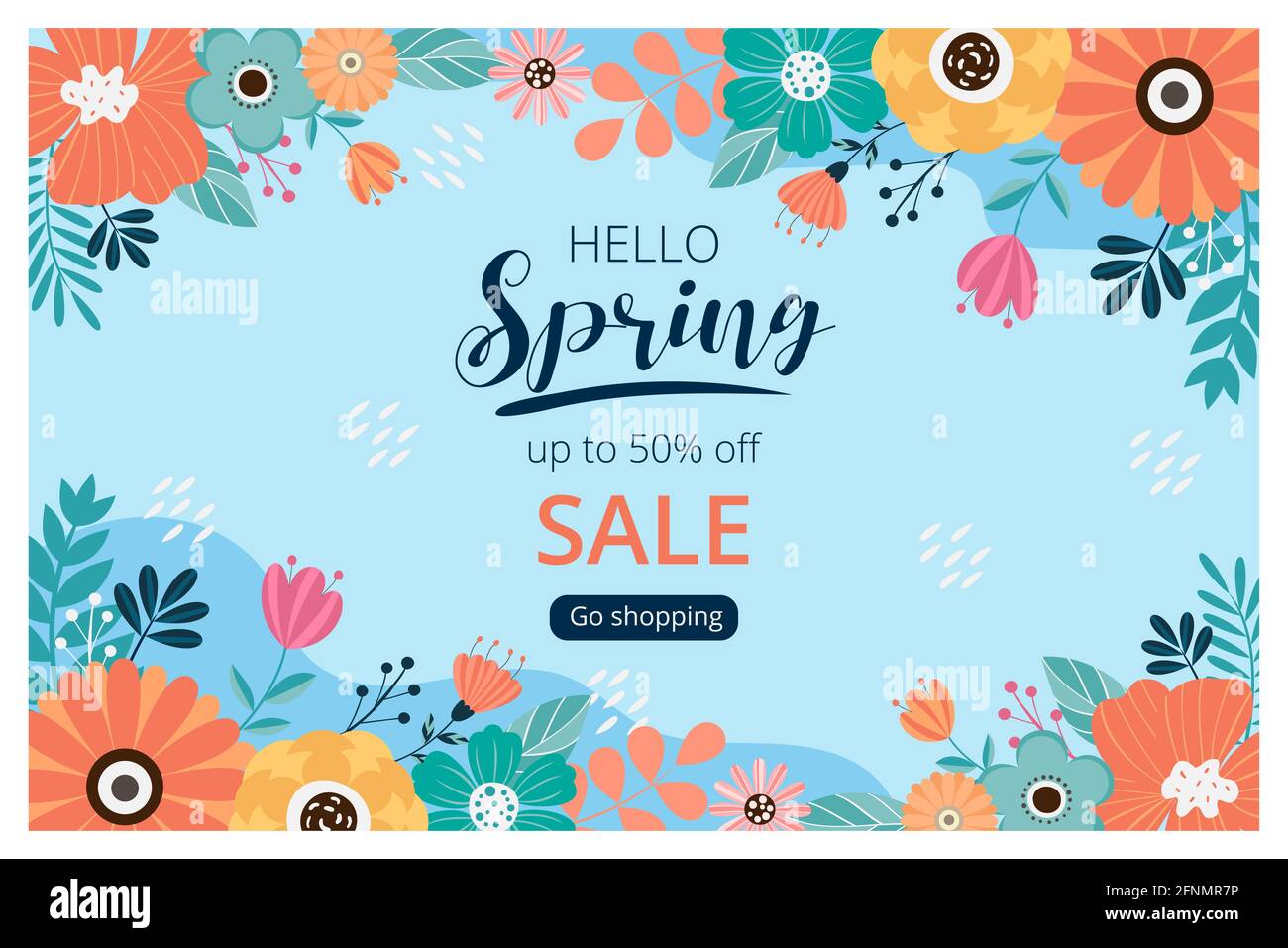 Hallo Frühling Sale Banner mit Blütenblüte. Werbebanner. Vektorgrafik. Von Hand gezeichnet. Stockfoto