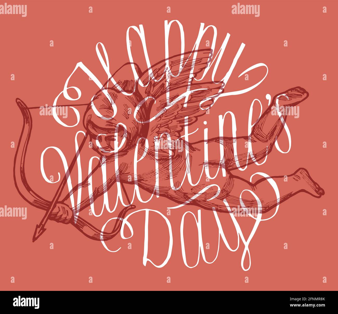 Happy Valentinstag anspruchsvolle Kalligraphie und Amor Zeichnung Karte Stock Vektor