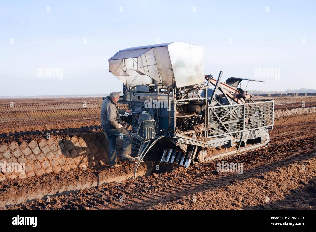 Im Oktober wird auf dem Moor Goldenstedt bei Vechta, Niedersachsen, eine mechanische Torfschneid- und Stapelmaschine betrieben. Stockfoto